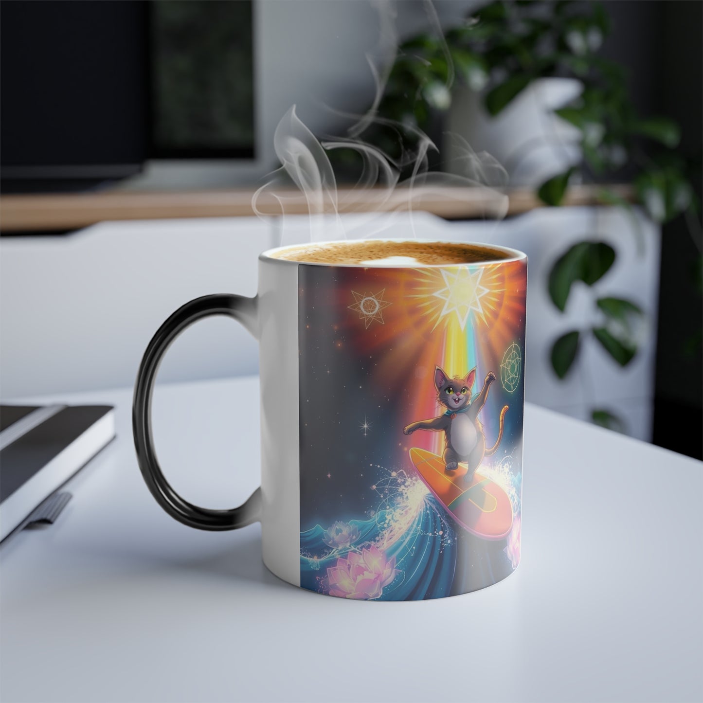 Color-Changing Galaxy Cats Mug — Cosmic Grey and Calico Cats & Lotus Rainbow Sacred Geometry Merkaba Magic 11oz by Divine Arts