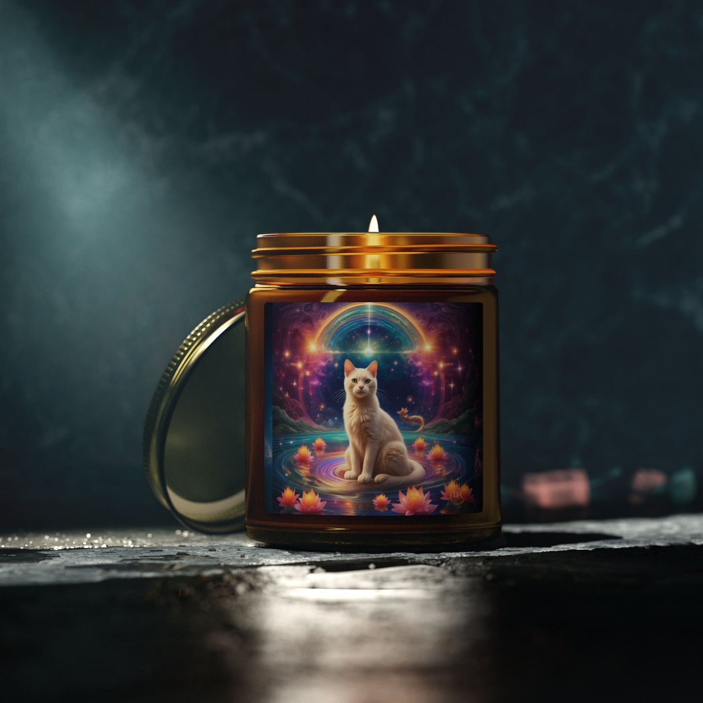 Premium Coconut Apricot Wax Scented Candles, Various Floral & Spice Fragrances (4oz), Spiritual Christmas Holiday Cat Lover Pet Gift, White Brown Cat in Sparkling Rainbow Lotus Field Pool, Fantasy Galaxy Space Cat Art , by Divine Arts