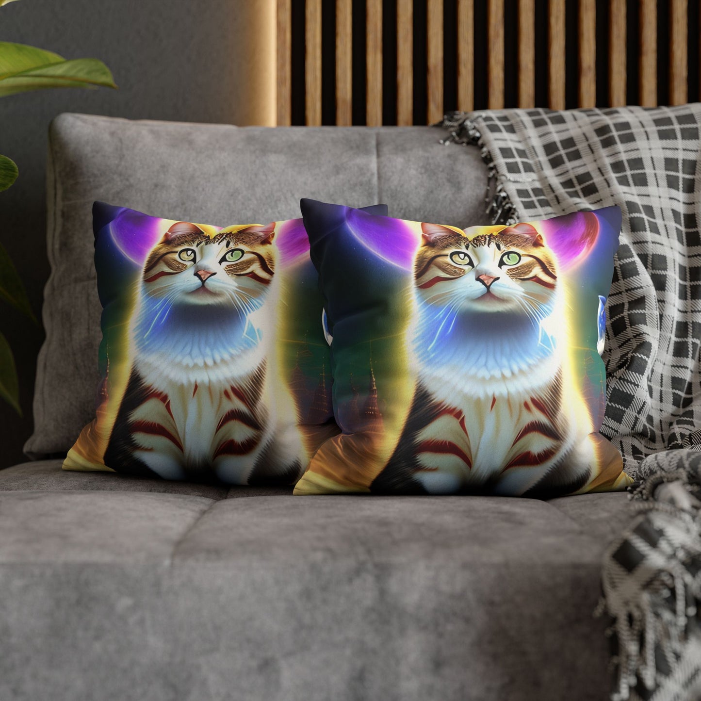 Divine Arts Faux Suede Double-Sided Square Pillow Case - Fantasy Galaxy Space Cat Lover Female Brown and White Tabby Cat with Heterochromia and a Bright Yellow & Purple Aura Spiritual Pillow Cover in Four Sizes