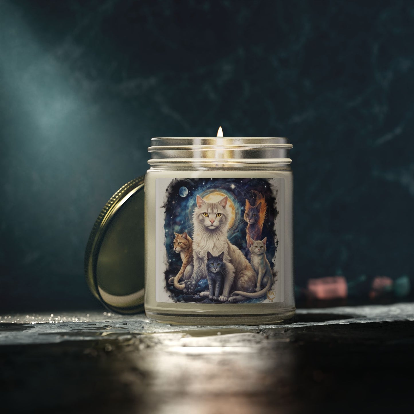 Premium Coconut Apricot Wax Scented Candles, Various Floral & Spice Fragrances (4oz), Spiritual Christmas Holiday Cat Lover Pet Gift, Ginger, White, Gray & Brown Cats Galaxy Space Fantasy Cat Art, by Divine Arts