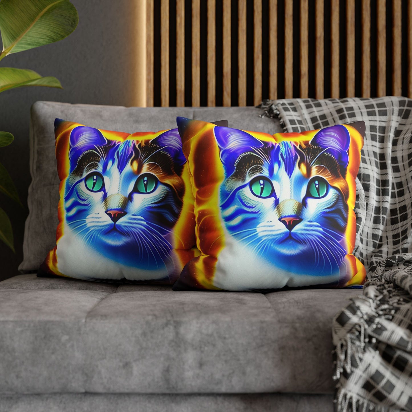 Divine Arts Faux Suede Double-Sided Square Pillow Case - Fantasy Galaxy Space Cat Lover Large Close Up View of the Face of a Female Brown Tabby Cat with Green Eyes With a Pulsing Yellow Orange Aura From Weilding the Merkaba Pillow Cover in Four Sizes