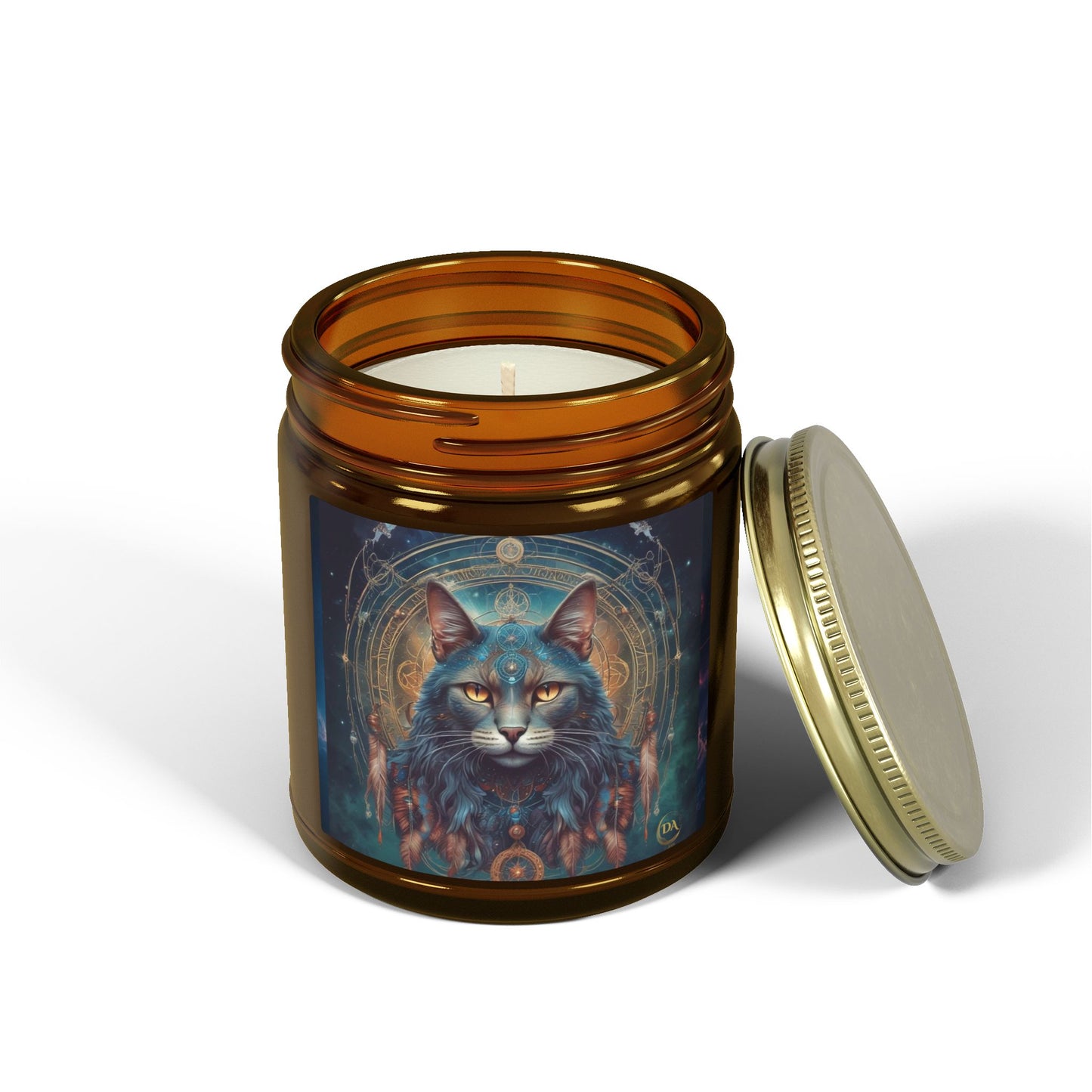 Premium Coconut Apricot Wax Scented Candles, Various Floral & Spice Fragrances (4oz), Spiritual Christmas Holiday Cat Lover Pet Gift, Gray Cat Galaxy Space Fantasy Tribal Art, by Divine Arts