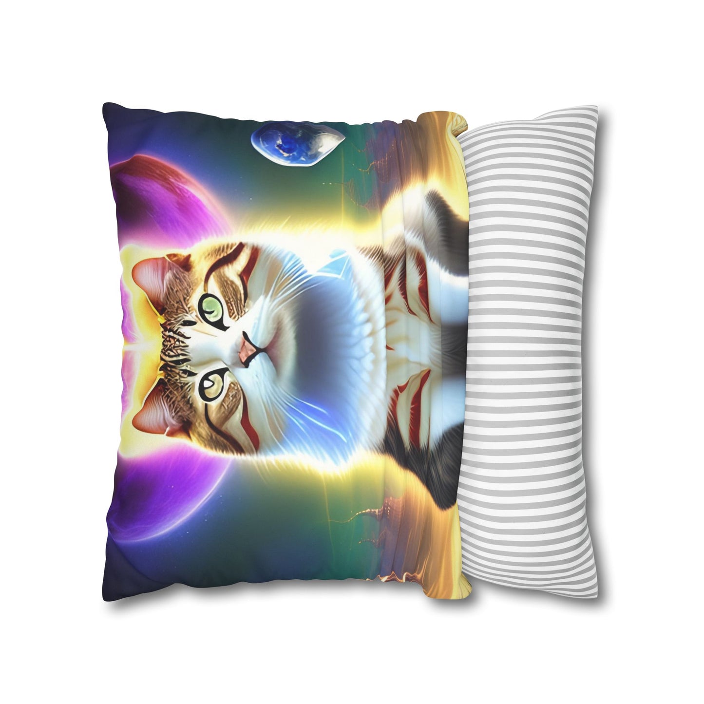 Divine Arts Faux Suede Double-Sided Square Pillow Case - Fantasy Galaxy Space Cat Lover Female Brown and White Tabby Cat with Heterochromia and a Bright Yellow & Purple Aura Spiritual Pillow Cover in Four Sizes