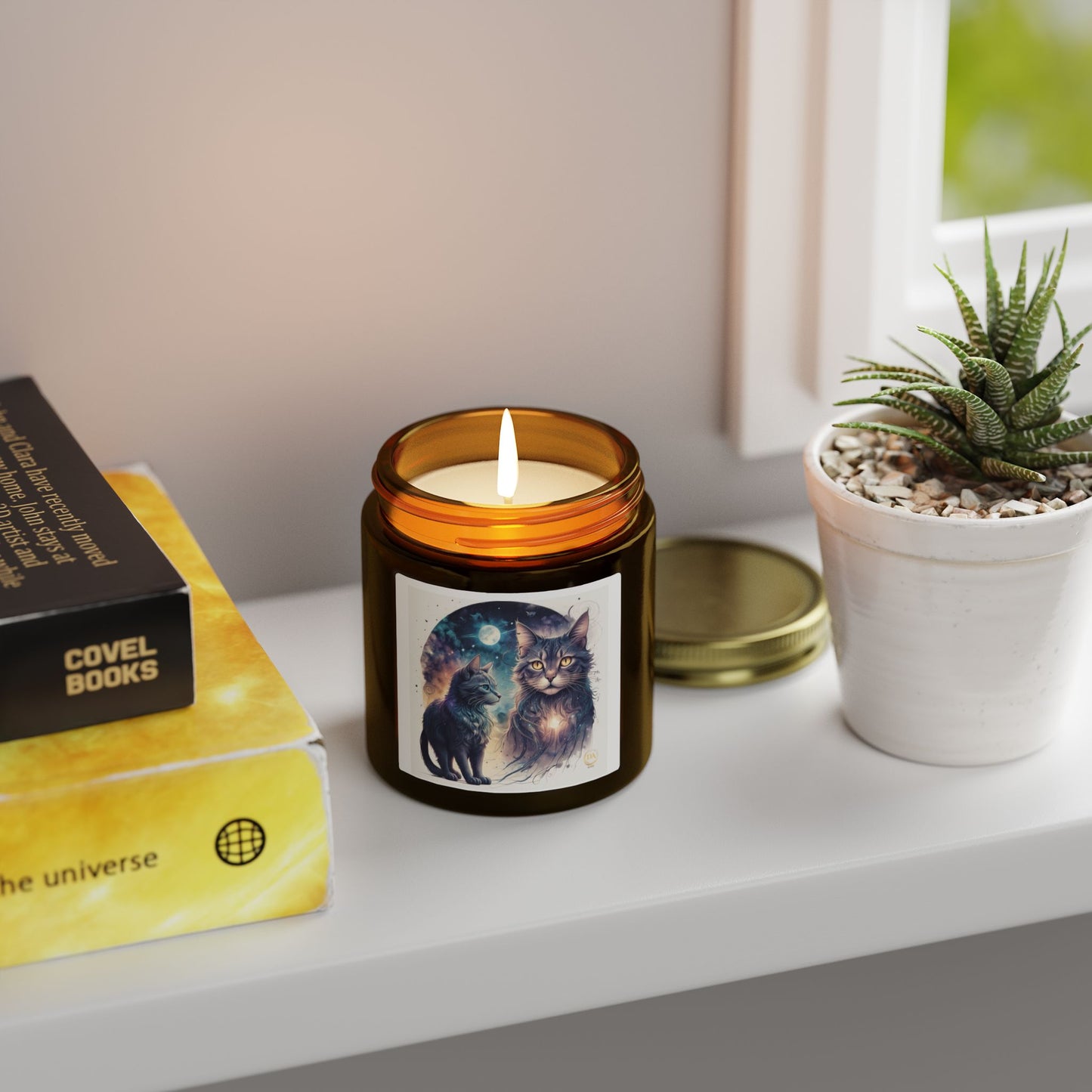 Premium Coconut Apricot Wax Scented Candles, Various Floral & Spice Fragrances (4oz), Spiritual Christmas Holiday Cat Lover Pet Gift, Ginger, White, Brown Tabby & Gray Cats Galaxy Space Fantasy Cat Art, by Divine Arts
