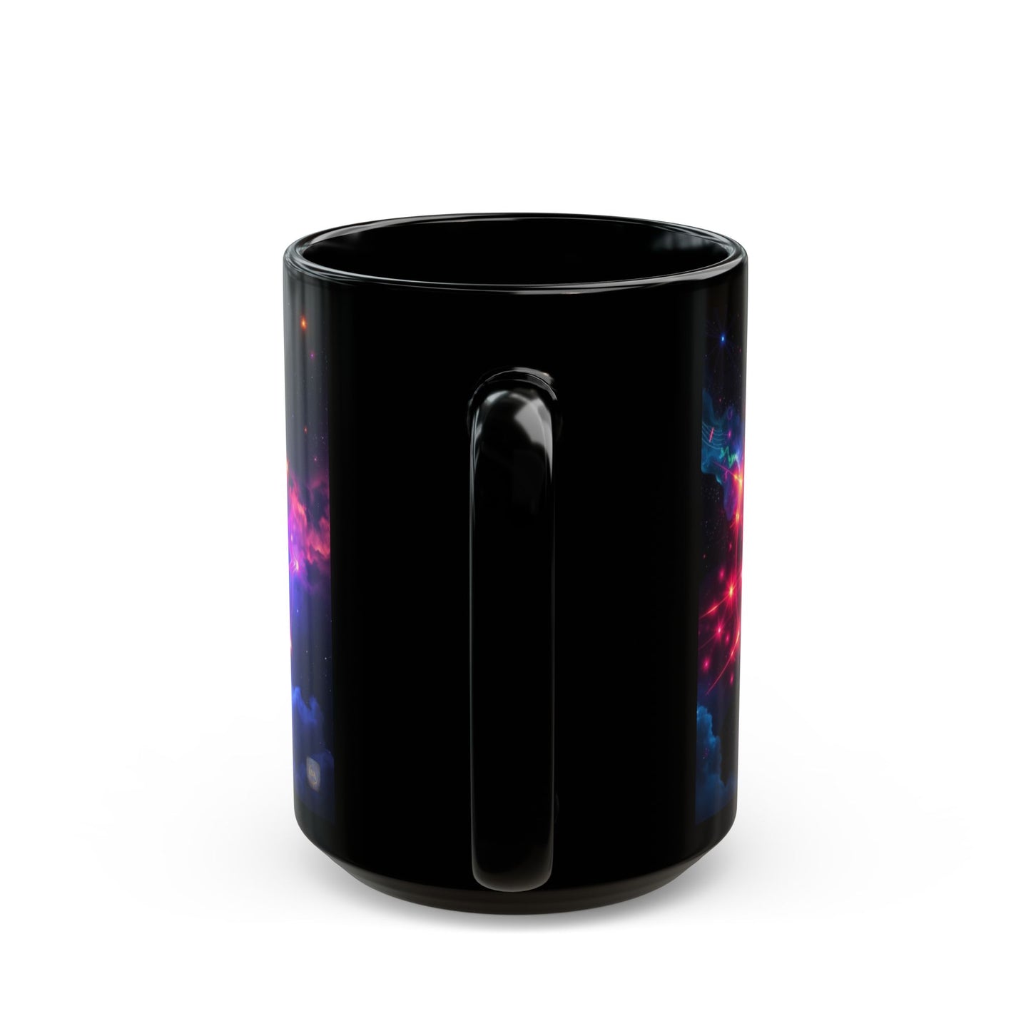 Black Ceramic Mug 15 oz — Vibrant Sacred Heart Sacred Geometry Light Body Merkaba Coffee Cup by Divine Arts