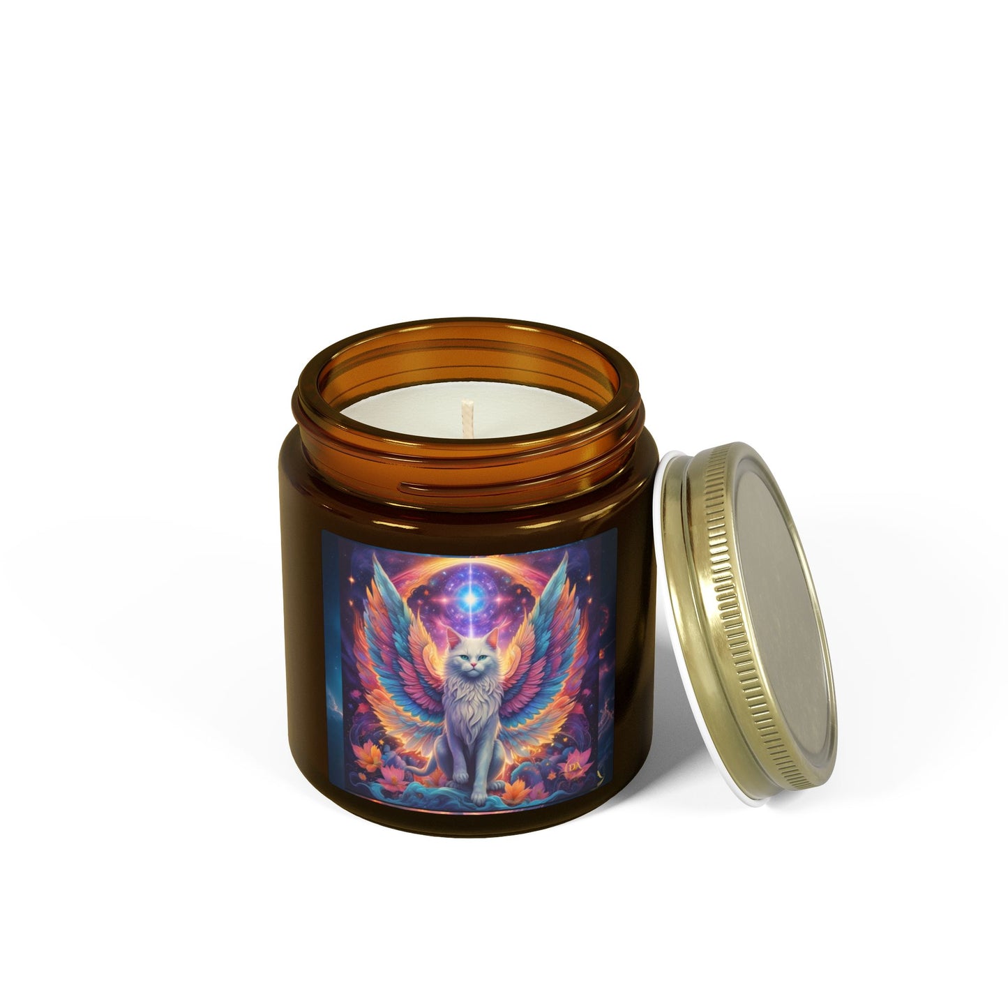 Premium Coconut Apricot Wax Scented Candles, Various Floral & Spice Fragrances (4oz), Spiritual Christmas Holiday Cat Lover Pet Gift, Galaxy Space White Angel Cat Art, by Divine Arts