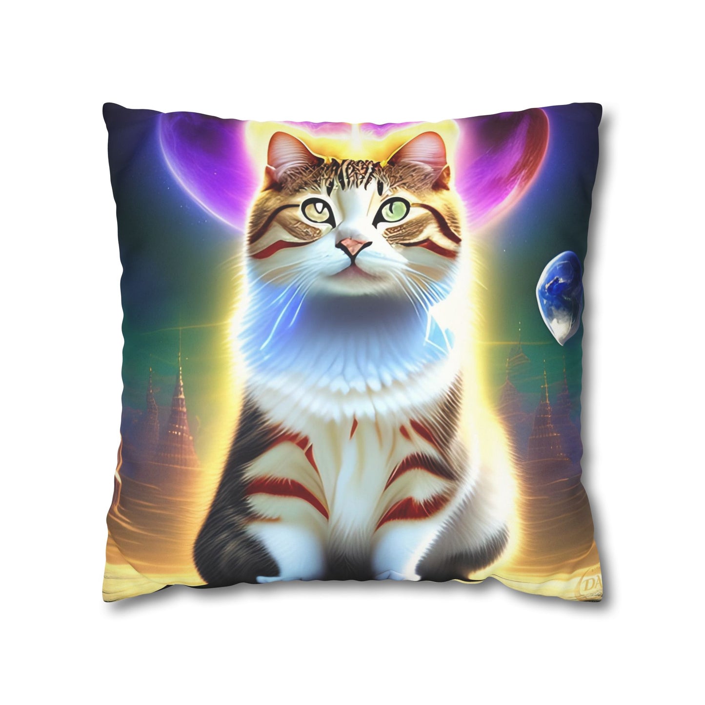 Divine Arts Faux Suede Double-Sided Square Pillow Case - Fantasy Galaxy Space Cat Lover Female Brown and White Tabby Cat with Heterochromia and a Bright Yellow & Purple Aura Spiritual Pillow Cover in Four Sizes