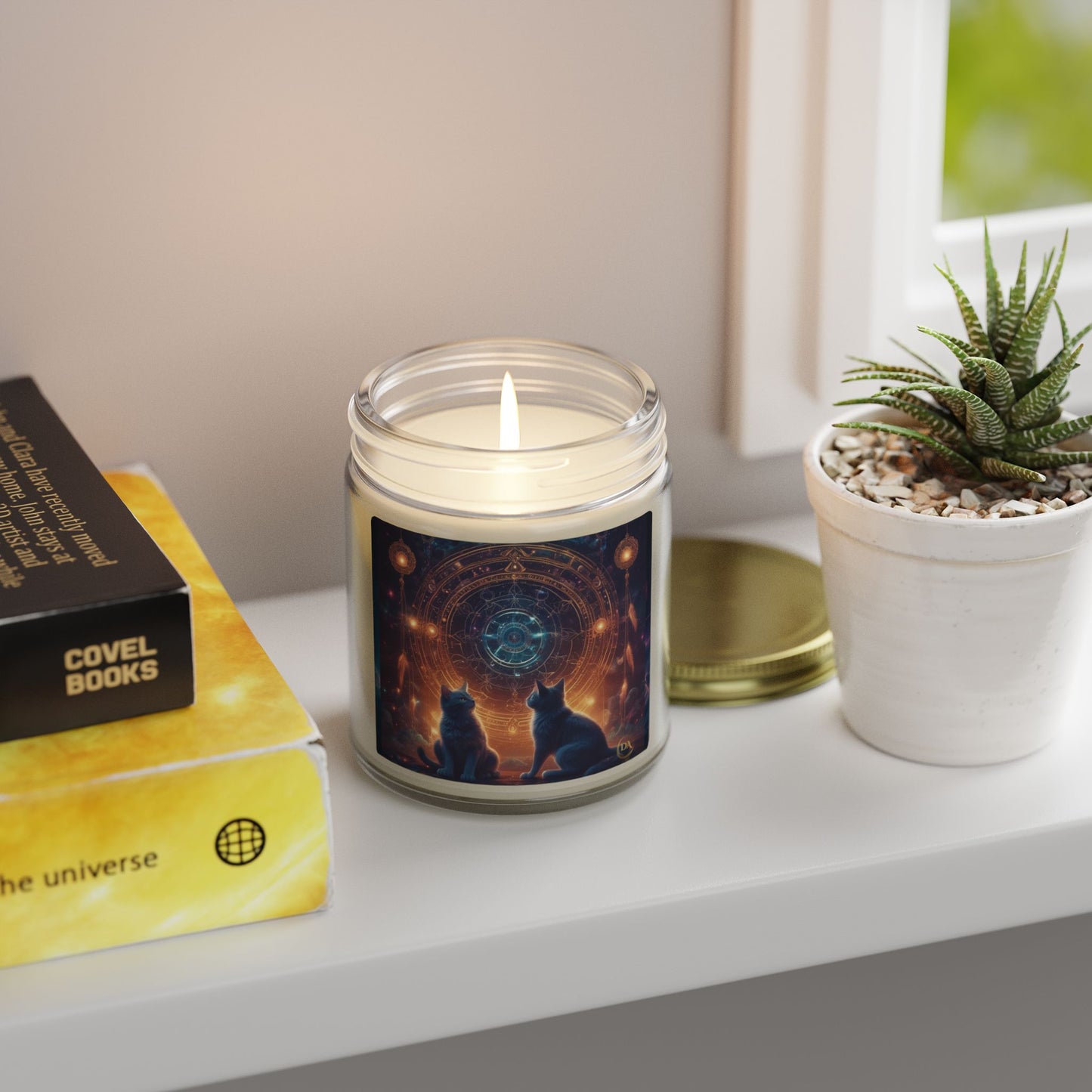 Premium Coconut Apricot Wax Scented Candles, Various Floral & Spice Fragrances (4oz), Spiritual Christmas Holiday Cat Lover Pet Gift, Black Cats Sacred Geometry Galaxy Space Fantasy Cat Art, by Divine Arts