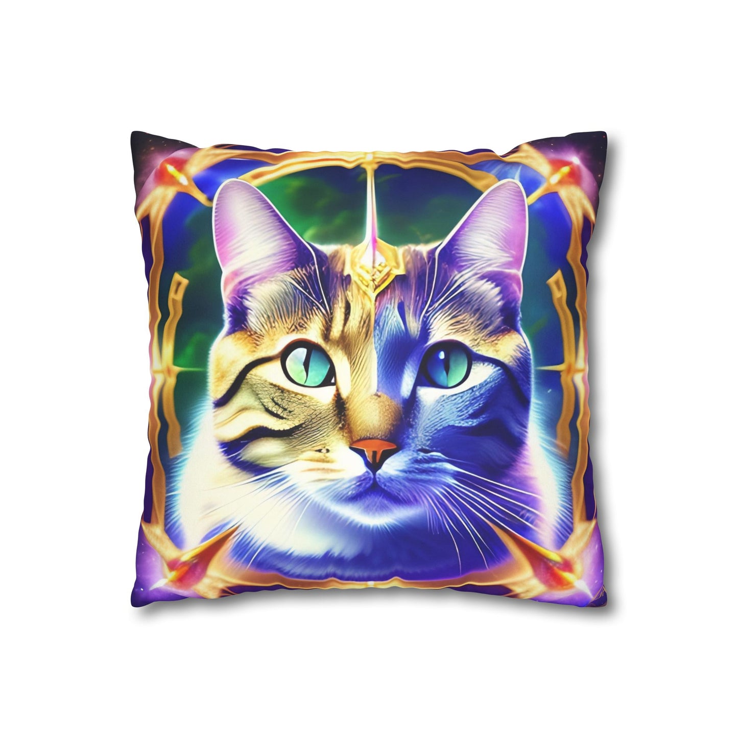 Divine Arts Faux Suede Double-Sided Square Pillow Case - Fantasy Galaxy Space Cat Lover Male Gray & Brown Tabby Cat with Green Eyes with Blue, Green & Orange Aura and Ornate Light Blue and Purple Crystal Collar Merkaba Pillow Cover in Four Sizes