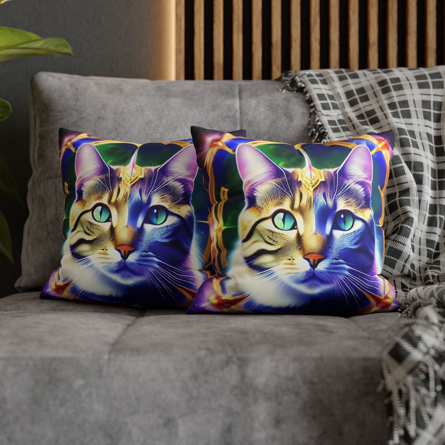 Divine Arts Faux Suede Double-Sided Square Pillow Case - Fantasy Galaxy Space Cat Lover Male Gray & Brown Tabby Cat with Green Eyes with Blue, Green & Orange Aura and Ornate Light Blue and Purple Crystal Collar Merkaba Pillow Cover in Four Sizes