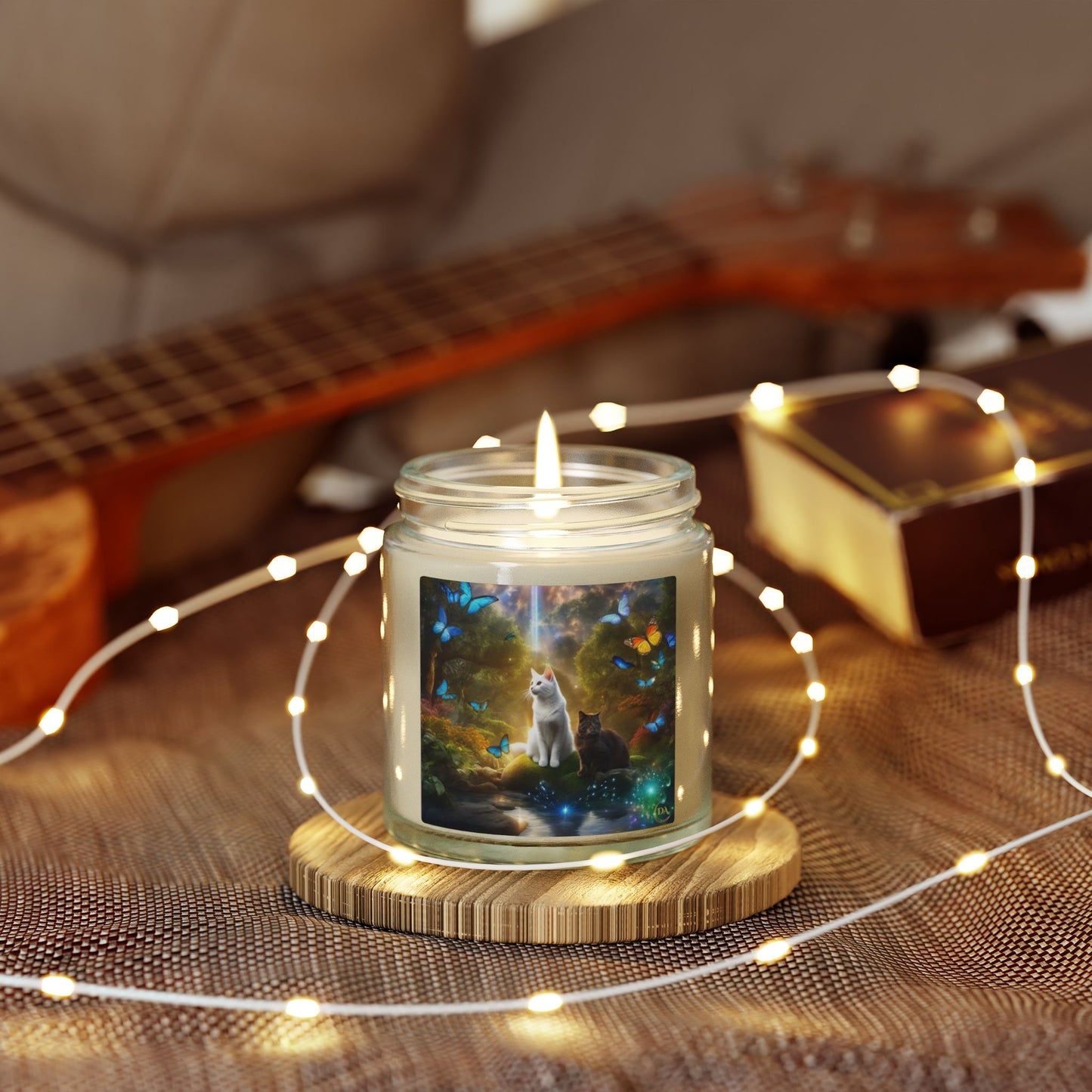 Premium Coconut Apricot Wax Scented Candles, Various Floral & Spice Fragrances (4oz), Spiritual Christmas Holiday Cat Lover Pet Gift, Black & White Cats in Nature Butterflies Scene Fairytale Fantasy Art, by Divine Arts