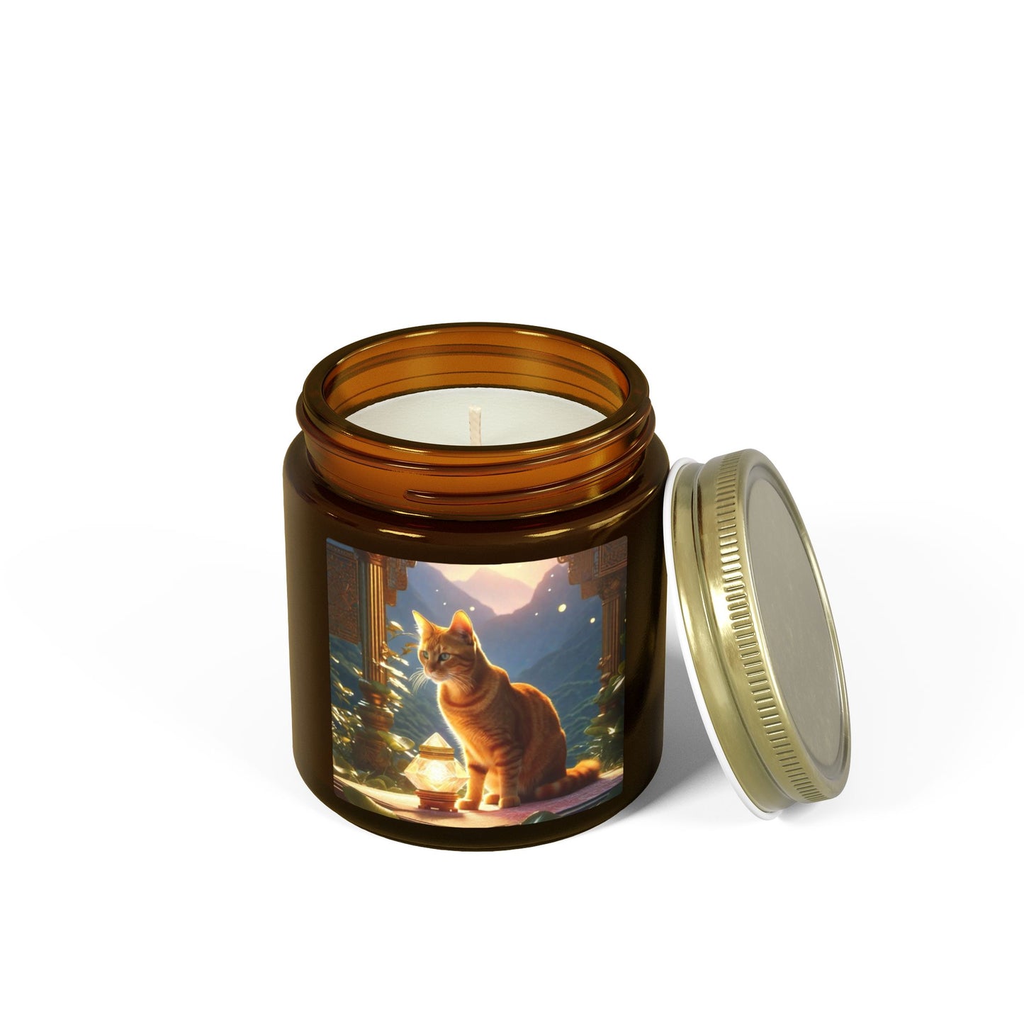 Premium Coconut Apricot Wax Scented Candles, Various Floral & Spice Fragrances (4oz), Spiritual Christmas Holiday Cat Lover Pet Gift, Ginger Tabby Cat Buddhist Diamond Sutra Temple Art, by Divine Arts