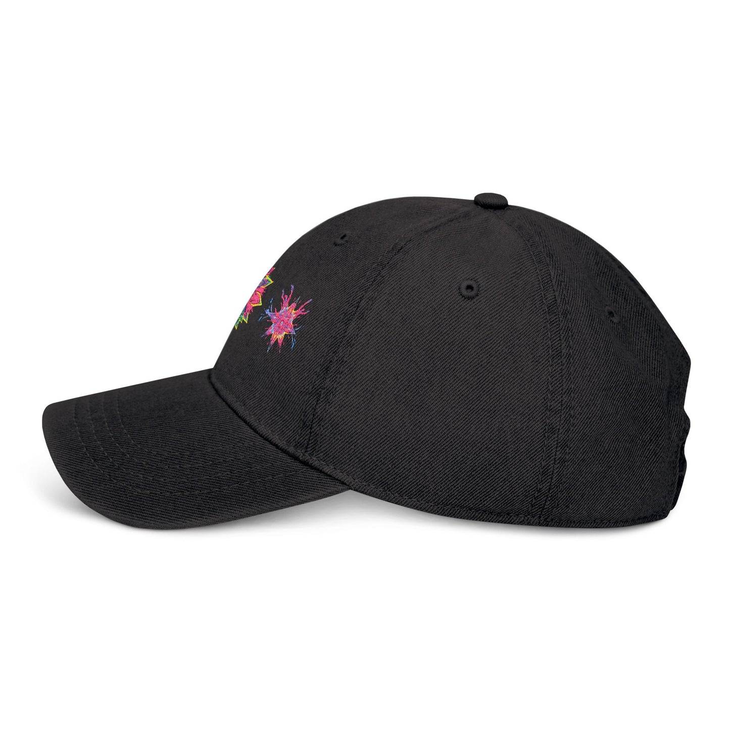 Denim Cap (Embroidery), 100% Cotton, Three Unique Embroidery Merkabas, Neon Galaxy Starry Light, Lotus Jewel Design by Divine Arts