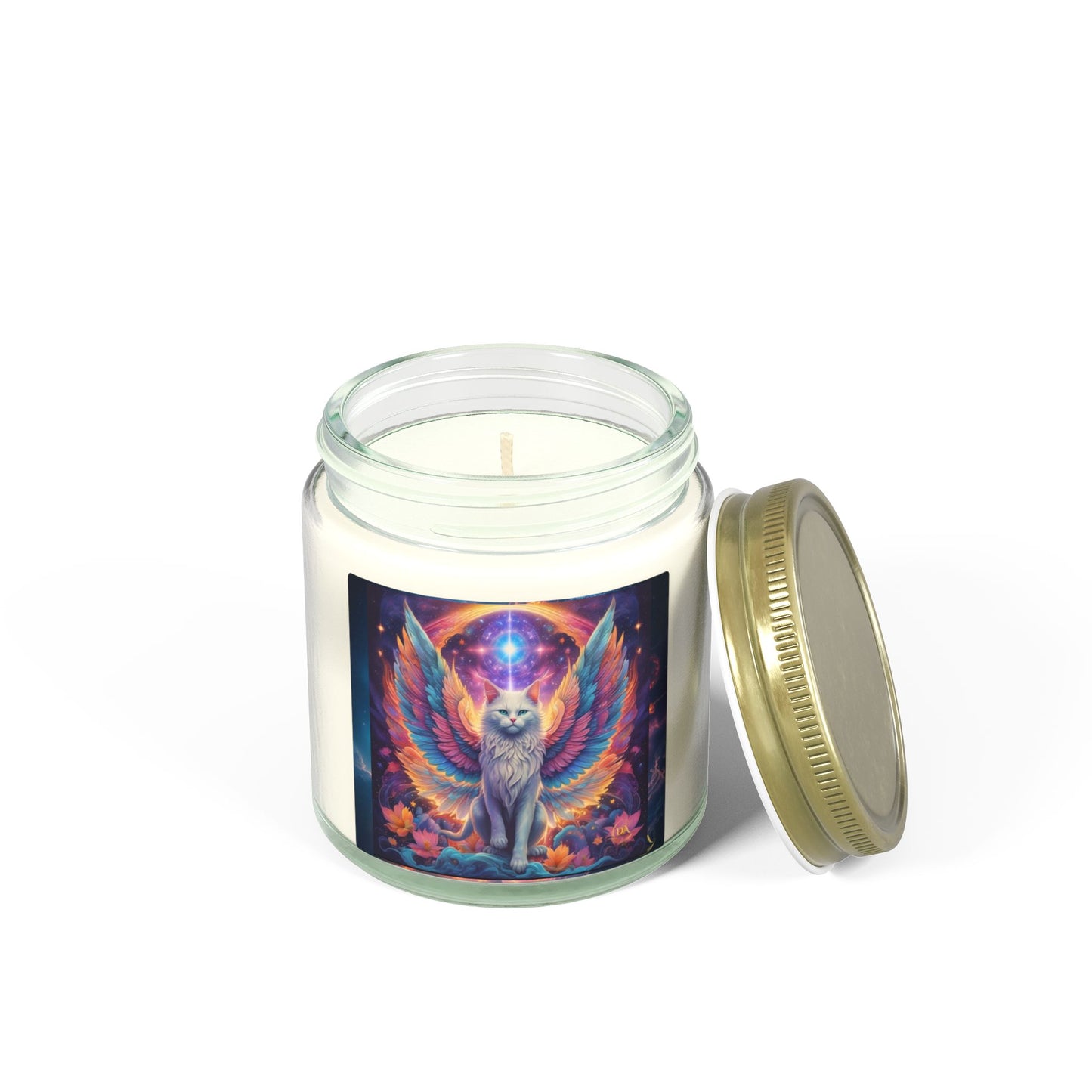Premium Coconut Apricot Wax Scented Candles, Various Floral & Spice Fragrances (4oz), Spiritual Christmas Holiday Cat Lover Pet Gift, Galaxy Space White Angel Cat Art, by Divine Arts
