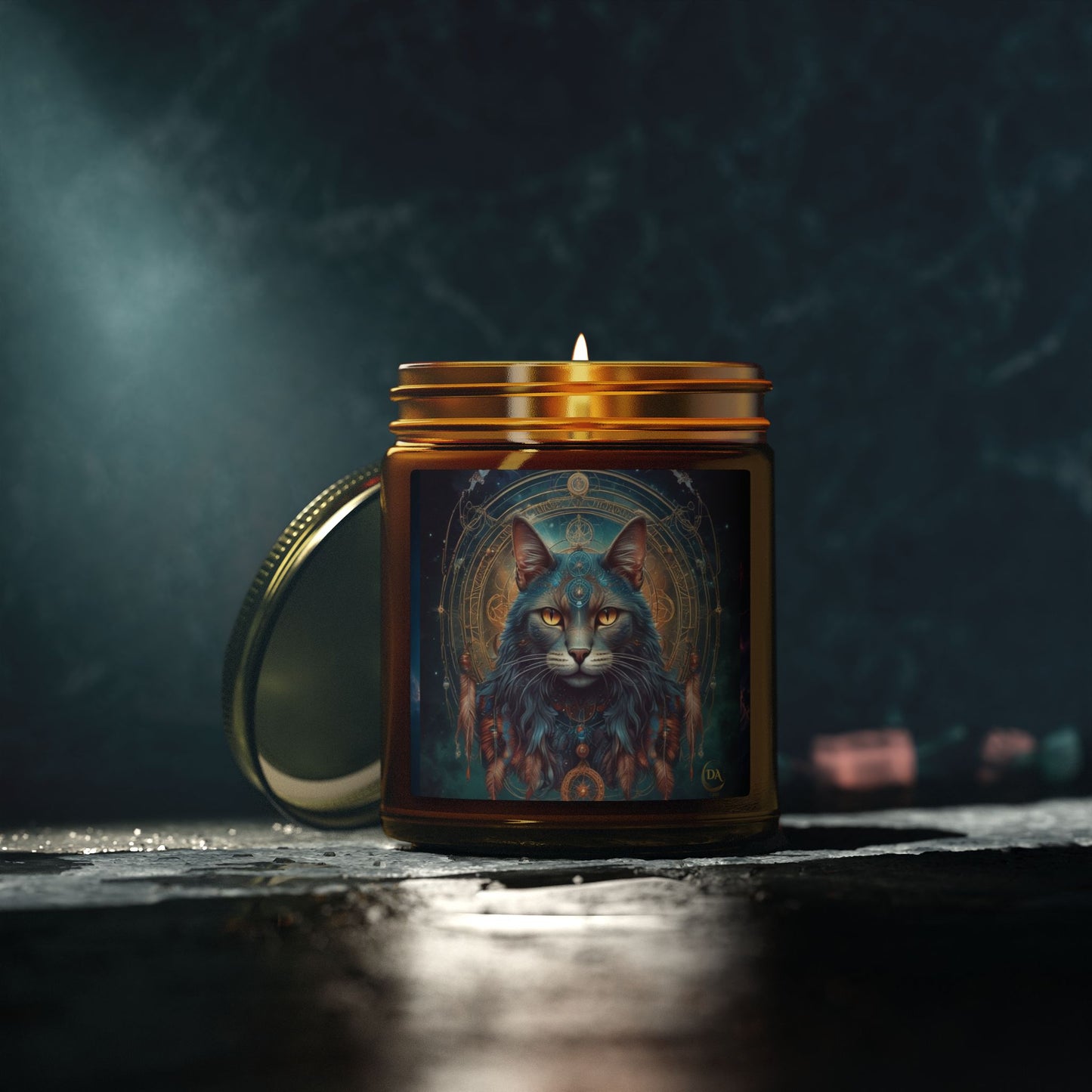 Premium Coconut Apricot Wax Scented Candles, Various Floral & Spice Fragrances (4oz), Spiritual Christmas Holiday Cat Lover Pet Gift, Gray Cat Galaxy Space Fantasy Tribal Art, by Divine Arts