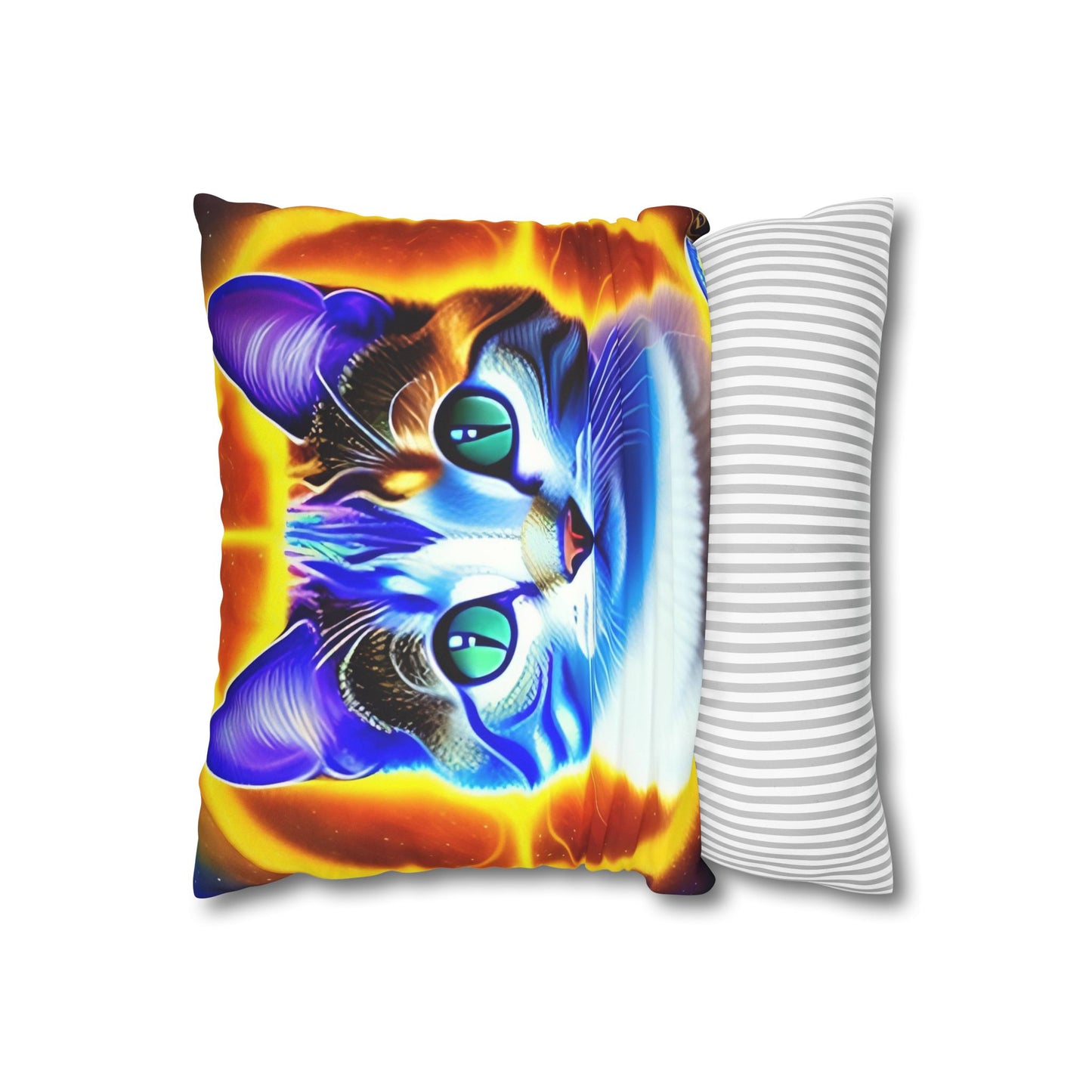 Divine Arts Faux Suede Double-Sided Square Pillow Case - Fantasy Galaxy Space Cat Lover Large Close Up View of the Face of a Female Brown Tabby Cat with Green Eyes With a Pulsing Yellow Orange Aura From Weilding the Merkaba Pillow Cover in Four Sizes