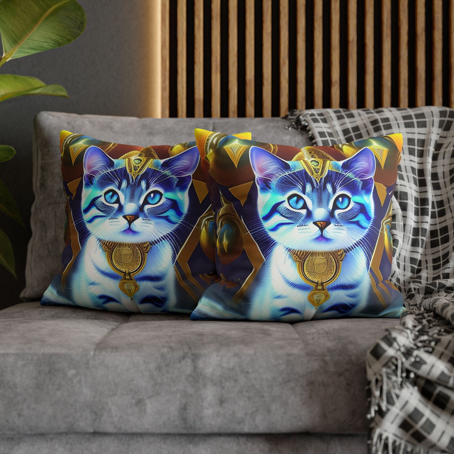 Divine Arts Faux Suede Double-Sided Square Pillow Case in Four Sizes - Fantasy Galaxy Space Cat Lover Male Gray and White Tabby Kitten with Blue Eyes in Golden Merkaba Chamber Wielding the Merkaba