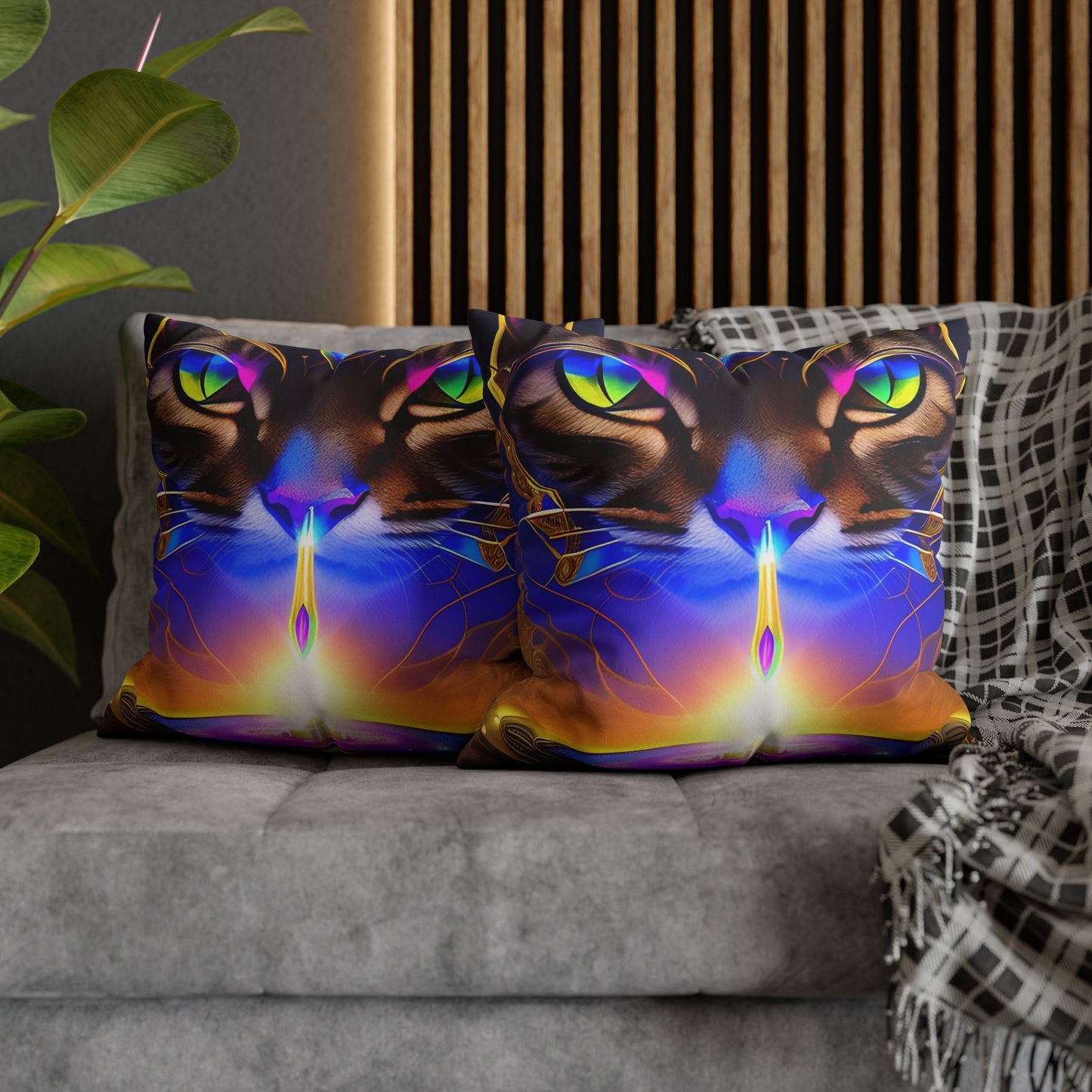 Divine Arts Faux Suede Double-Sided Art Square Pillow Case in Four Sizes - Fantasy Galaxy Space Cat Lover Male Brown Tabby Cat with Ornate Golden Face Armor and Magenta Crystal Wielding the Merkaba Pillow Cover