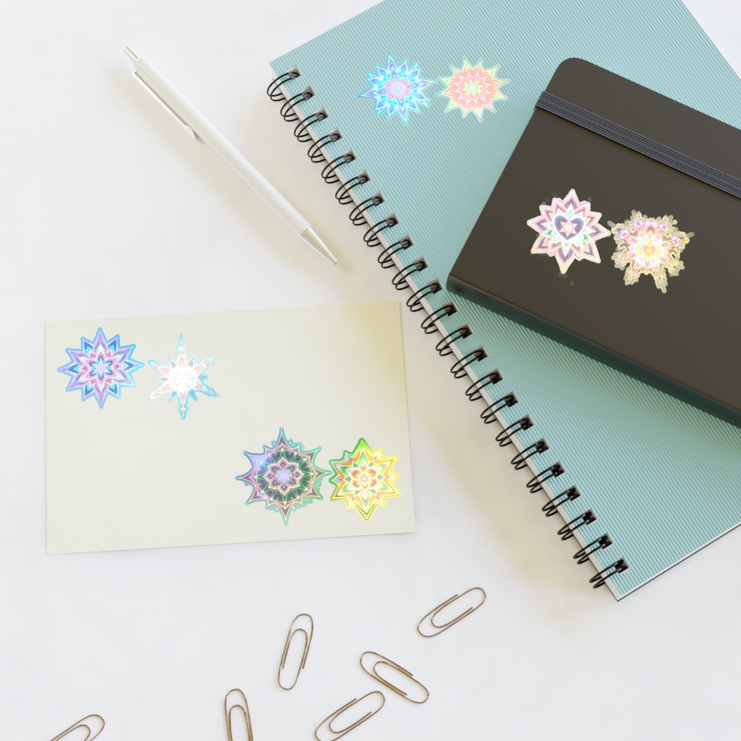 Kaleidoscope Starburst Vinyl Sticker Sheet (6x4) — Colorful Galaxy Art, White Transparent Holographic Die Cut Merkaba Decals by Divine Arts