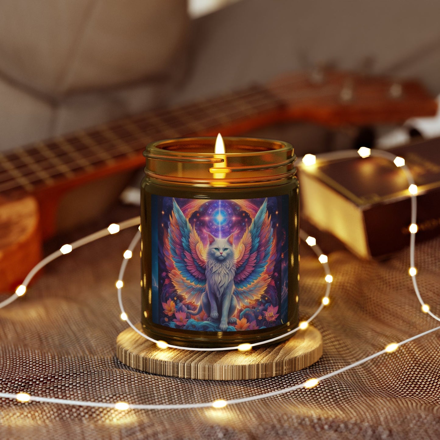 Premium Coconut Apricot Wax Scented Candles, Various Floral & Spice Fragrances (4oz), Spiritual Christmas Holiday Cat Lover Pet Gift, Galaxy Space White Angel Cat Art, by Divine Arts