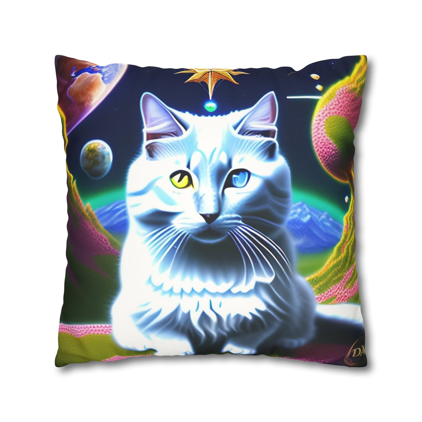 Divine Arts Faux Suede Double-Sided Square Pillow Case in Four Sizes - Fantasy Galaxy Space Cat Lover Portrait of White Female Cat With Yellow & Blie Heterochromia Eyes In Space Amidssr Blue & Pink Cosmic Swirls Meditating in Trance On A Golden Merkaba
