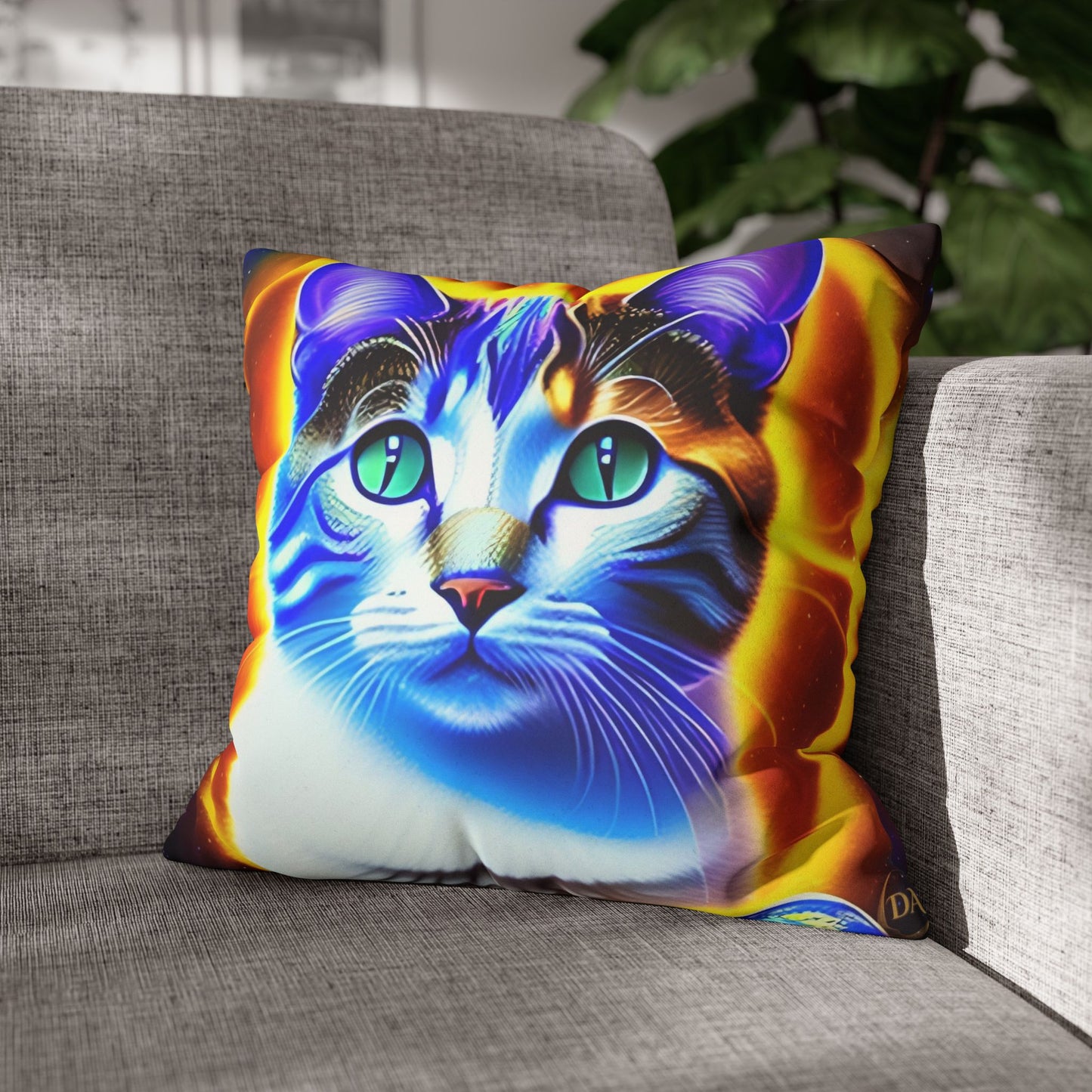 Divine Arts Faux Suede Double-Sided Square Pillow Case - Fantasy Galaxy Space Cat Lover Large Close Up View of the Face of a Female Brown Tabby Cat with Green Eyes With a Pulsing Yellow Orange Aura From Weilding the Merkaba Pillow Cover in Four Sizes