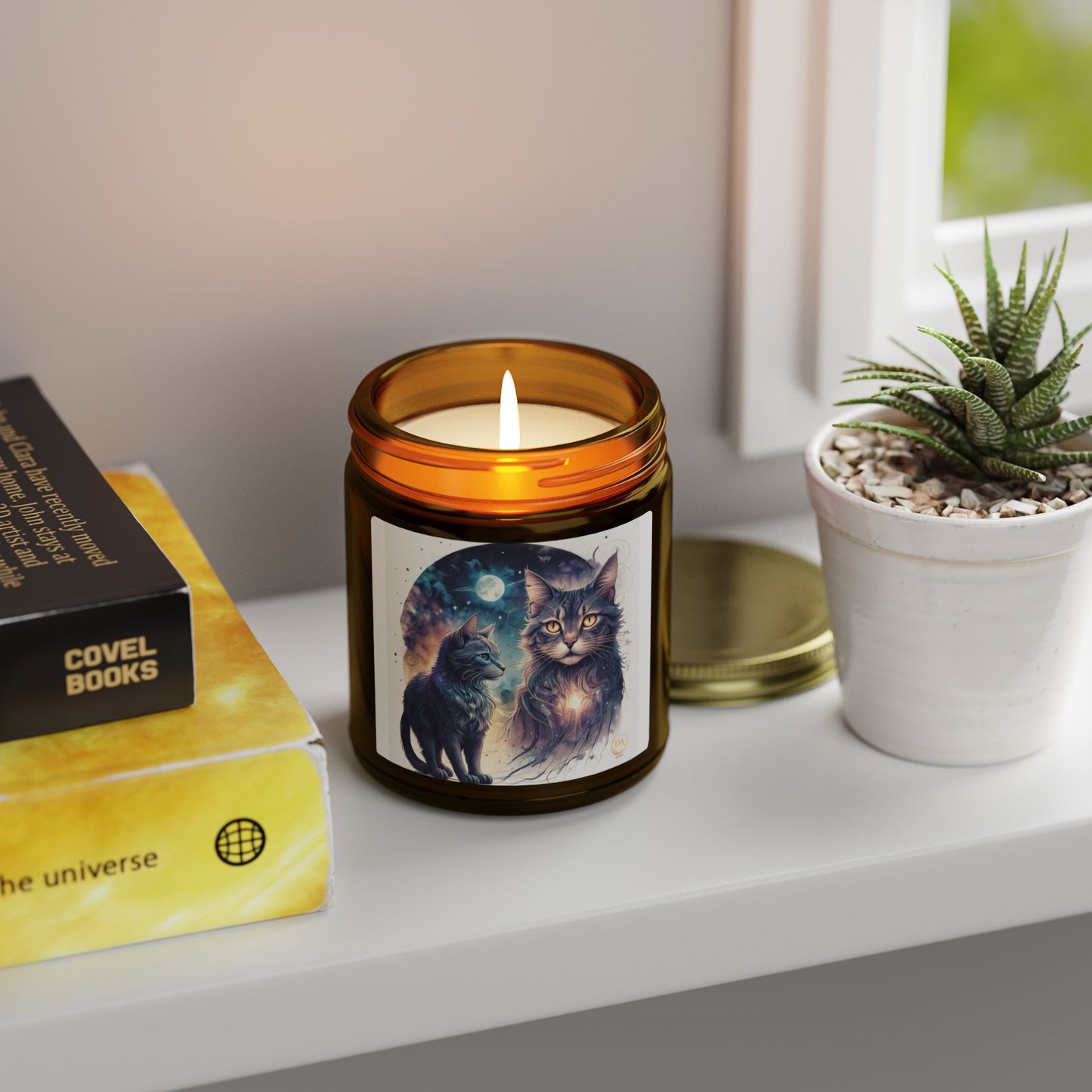 Premium Coconut Apricot Wax Scented Candles, Various Floral & Spice Fragrances (4oz), Spiritual Christmas Holiday Cat Lover Pet Gift, Ginger, White, Brown Tabby & Gray Cats Galaxy Space Fantasy Cat Art, by Divine Arts