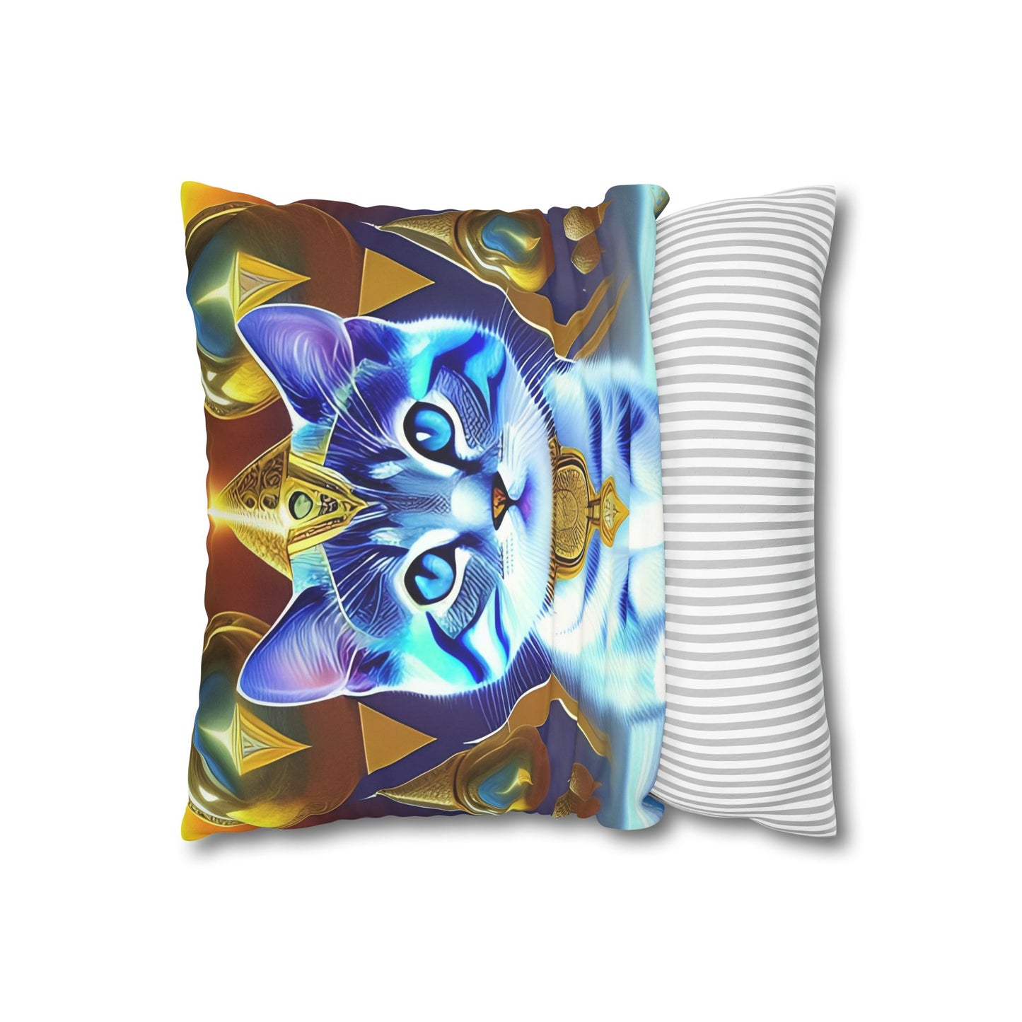 Divine Arts Faux Suede Double-Sided Square Pillow Case in Four Sizes - Fantasy Galaxy Space Cat Lover Male Gray and White Tabby Kitten with Blue Eyes in Golden Merkaba Chamber Wielding the Merkaba