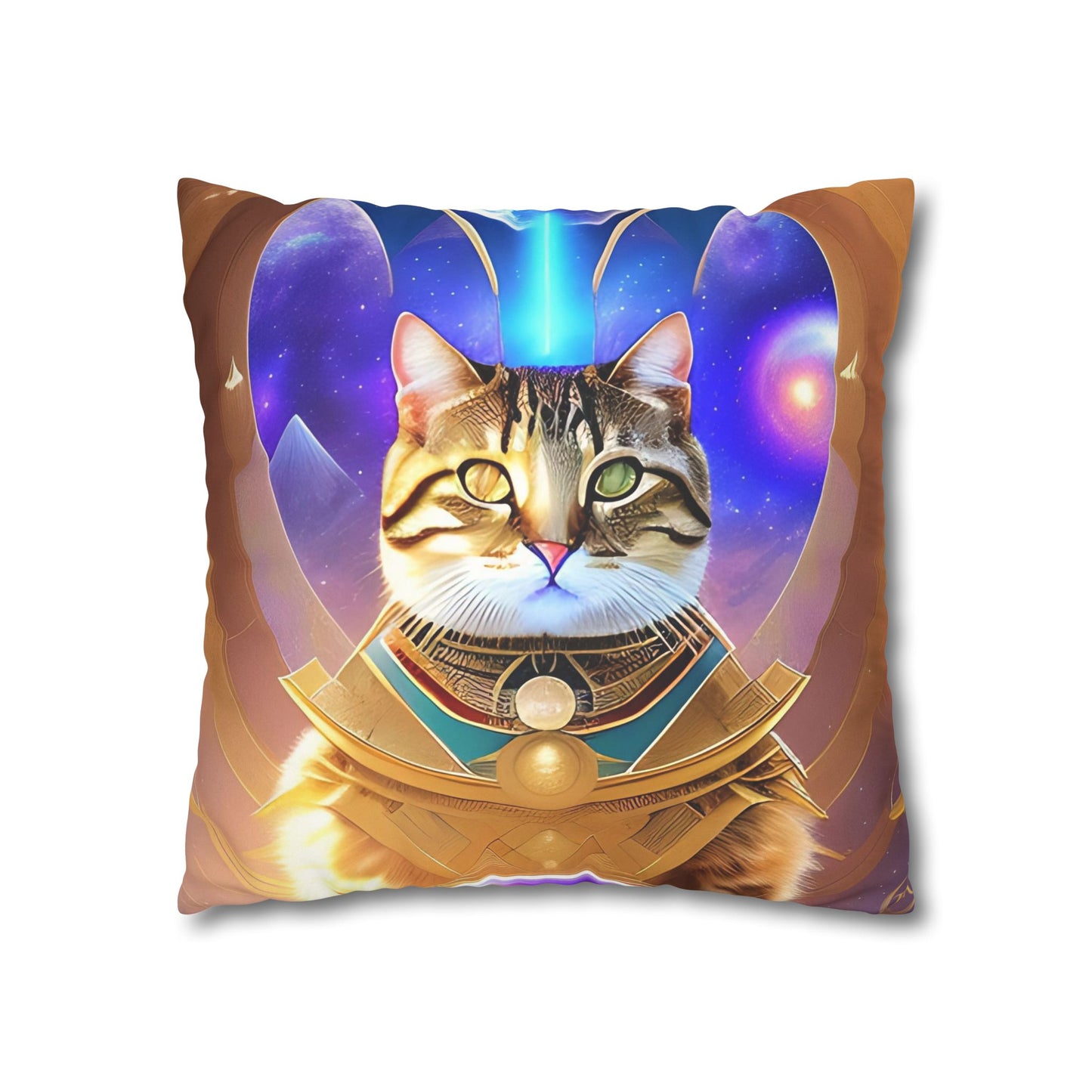 Divine Arts Faux Suede Double-Sided Square Pillow Case in Four Sizes - Fantasy Galaxy Space Cat Lover Male Brown Tabby Cat with Heterochromia in Ornate Golden Armor with Light Blue Hydroplasma Light Beam from Crown Chakra Merkaba Pillow Cover