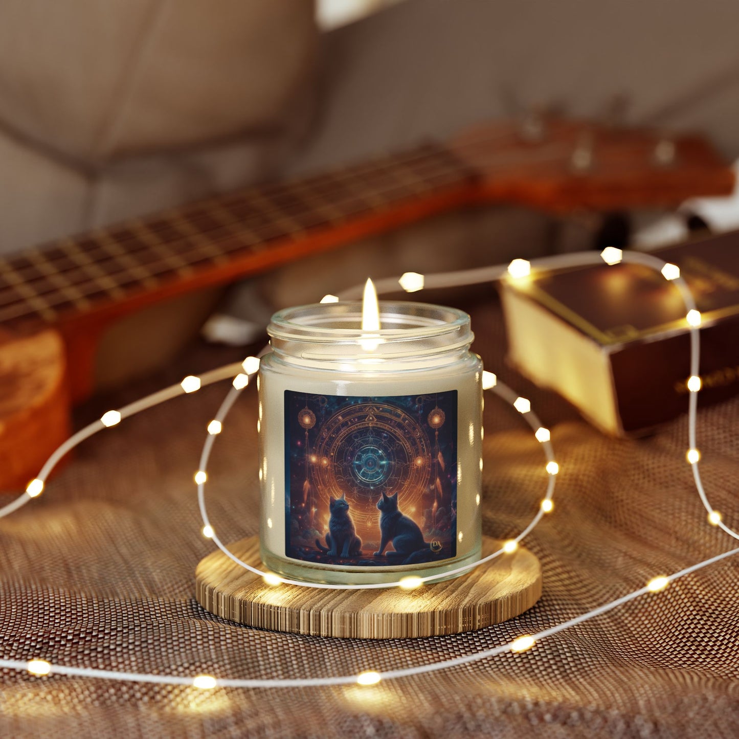 Premium Coconut Apricot Wax Scented Candles, Various Floral & Spice Fragrances (4oz), Spiritual Christmas Holiday Cat Lover Pet Gift, Black Cats Sacred Geometry Galaxy Space Fantasy Cat Art, by Divine Arts