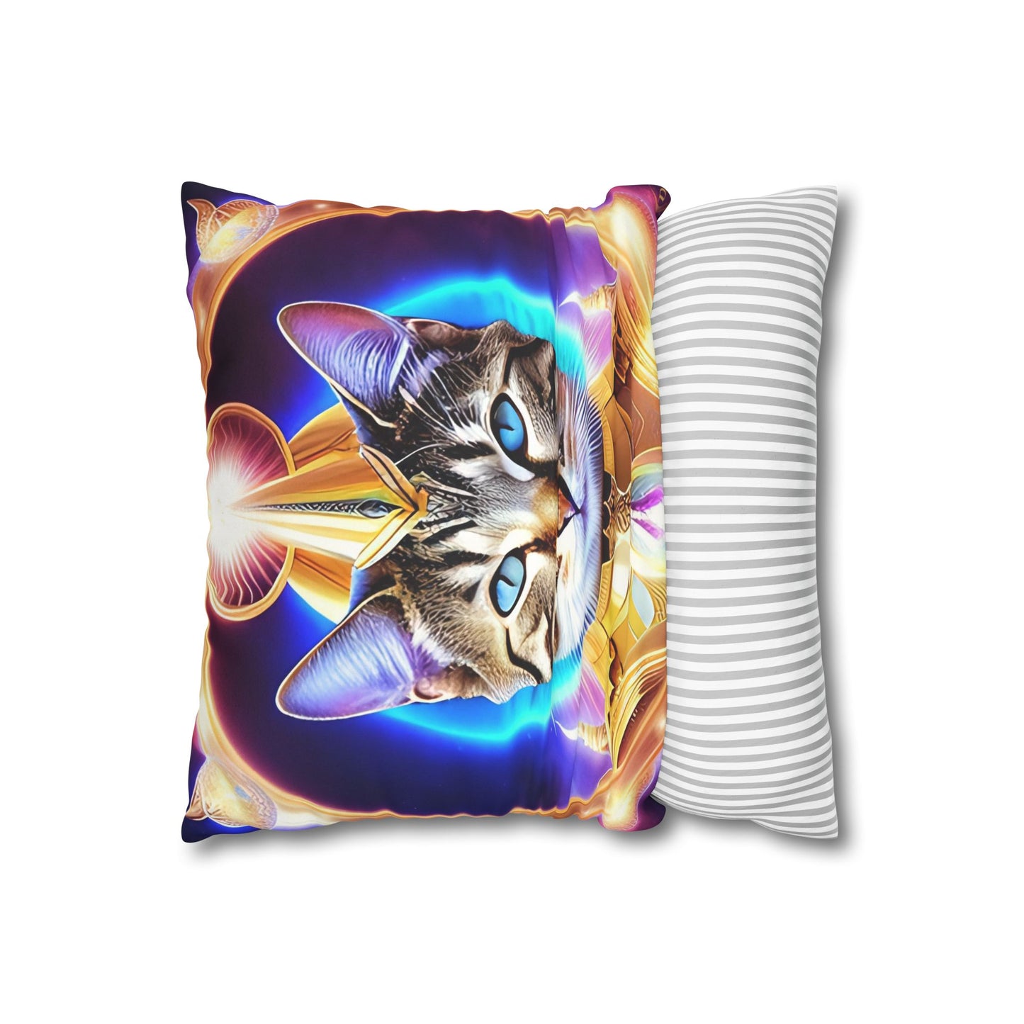 Divine Arts Faux Suede Double-Sided Square Pillow Case - Fantasy Galaxy Space Cat Lover Female Brown Gray Tabby Cat with Blue Eyes in Ornate Golden Armor with Light Blue Maharaic Shied Aura as Realized Merkaba Master Pillow Cover in Four Sizes