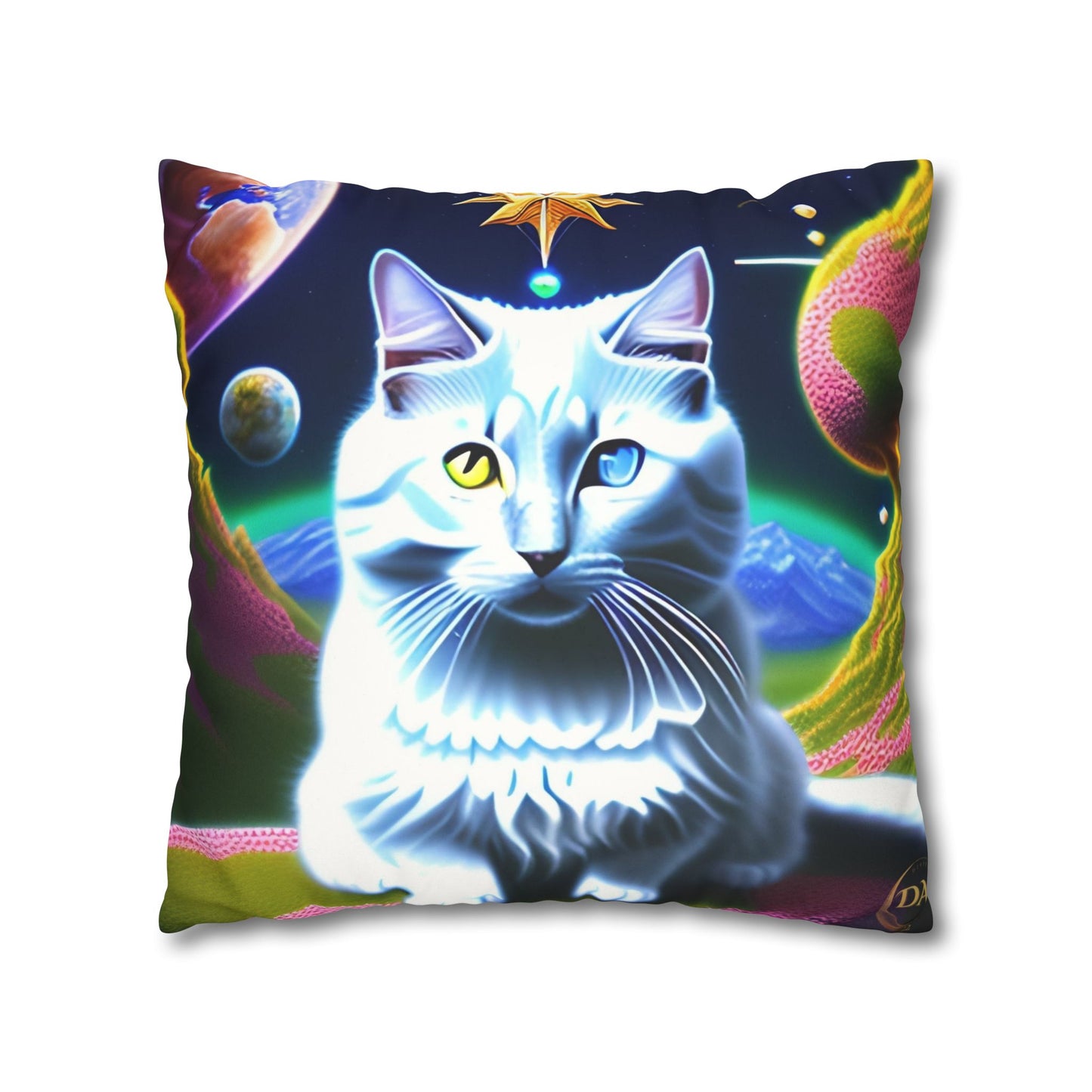 Divine Arts Faux Suede Double-Sided Square Pillow Case in Four Sizes - Fantasy Galaxy Space Cat Lover Portrait of White Female Cat With Yellow & Blie Heterochromia Eyes In Space Amidssr Blue & Pink Cosmic Swirls Meditating in Trance On A Golden Merkaba