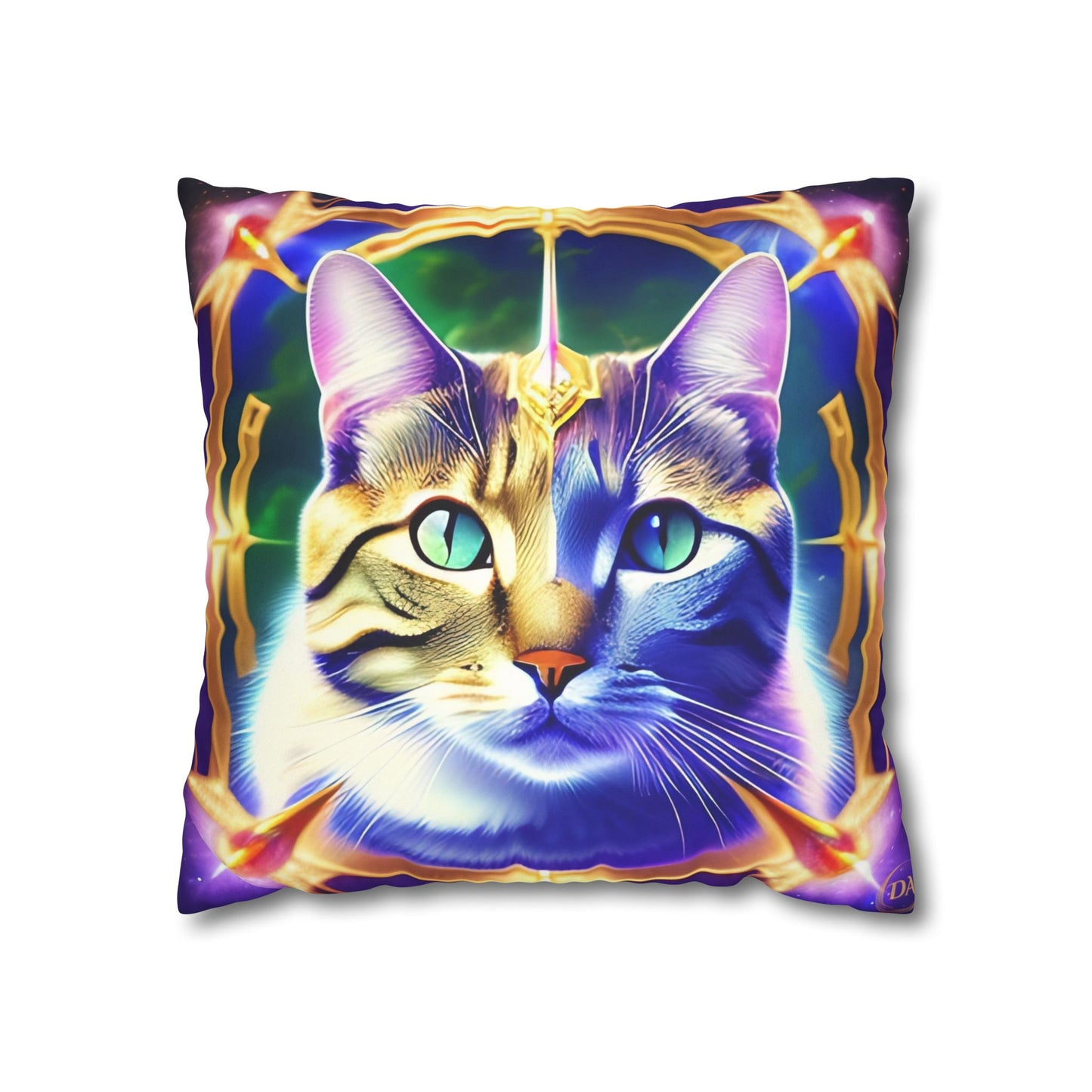 Divine Arts Faux Suede Double-Sided Square Pillow Case - Fantasy Galaxy Space Cat Lover Male Gray & Brown Tabby Cat with Green Eyes with Blue, Green & Orange Aura and Ornate Light Blue and Purple Crystal Collar Merkaba Pillow Cover in Four Sizes