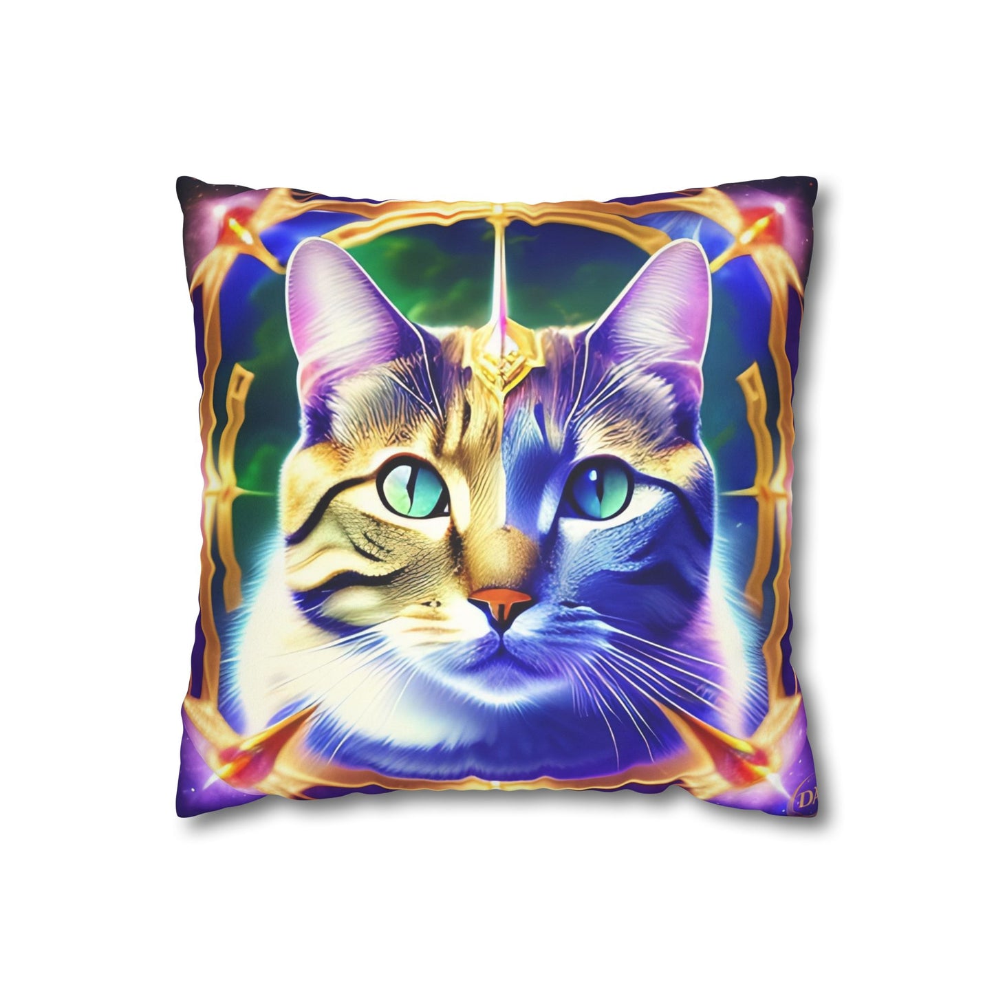 Divine Arts Faux Suede Double-Sided Square Pillow Case - Fantasy Galaxy Space Cat Lover Male Gray & Brown Tabby Cat with Green Eyes with Blue, Green & Orange Aura and Ornate Light Blue and Purple Crystal Collar Merkaba Pillow Cover in Four Sizes