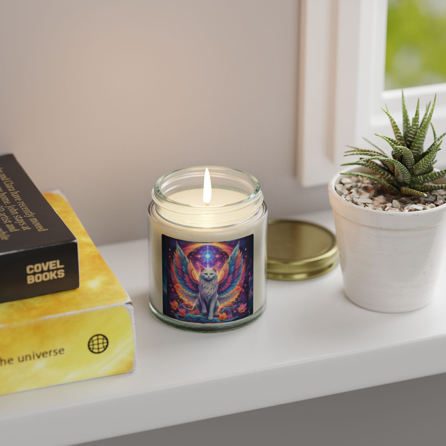 Premium Coconut Apricot Wax Scented Candles, Various Floral & Spice Fragrances (4oz), Spiritual Christmas Holiday Cat Lover Pet Gift, Galaxy Space White Angel Cat Art, by Divine Arts