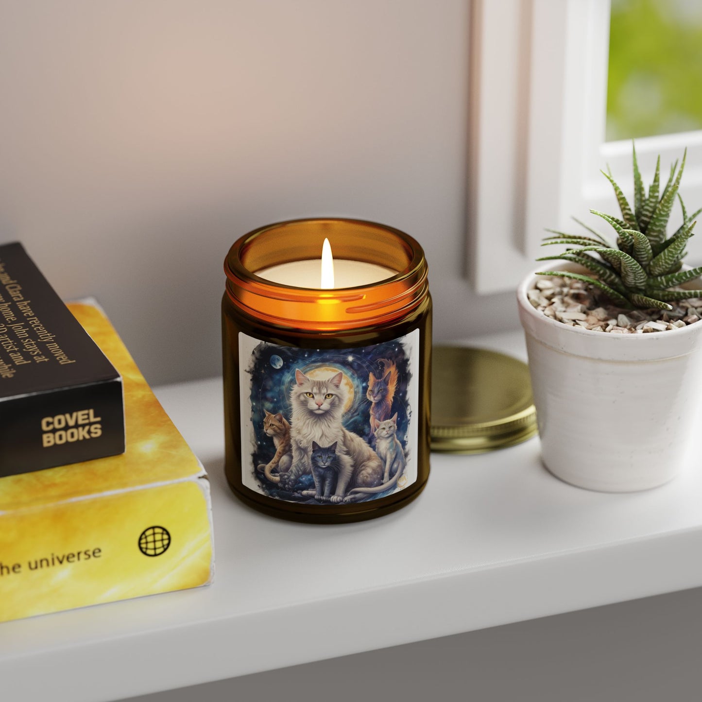Premium Coconut Apricot Wax Scented Candles, Various Floral & Spice Fragrances (4oz), Spiritual Christmas Holiday Cat Lover Pet Gift, Ginger, White, Gray & Brown Cats Galaxy Space Fantasy Cat Art, by Divine Arts