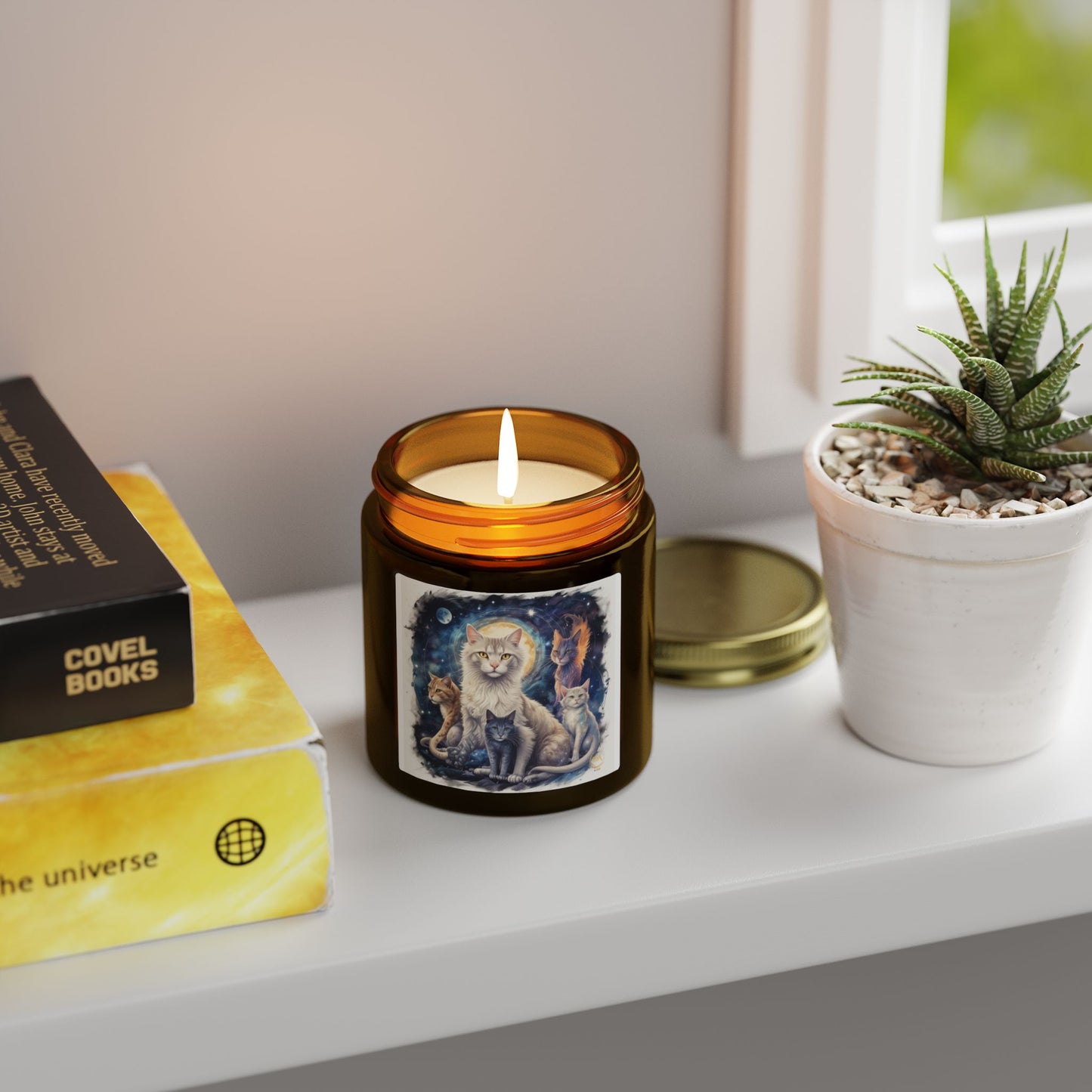 Premium Coconut Apricot Wax Scented Candles, Various Floral & Spice Fragrances (4oz), Spiritual Christmas Holiday Cat Lover Pet Gift, Ginger, White, Gray & Brown Cats Galaxy Space Fantasy Cat Art, by Divine Arts