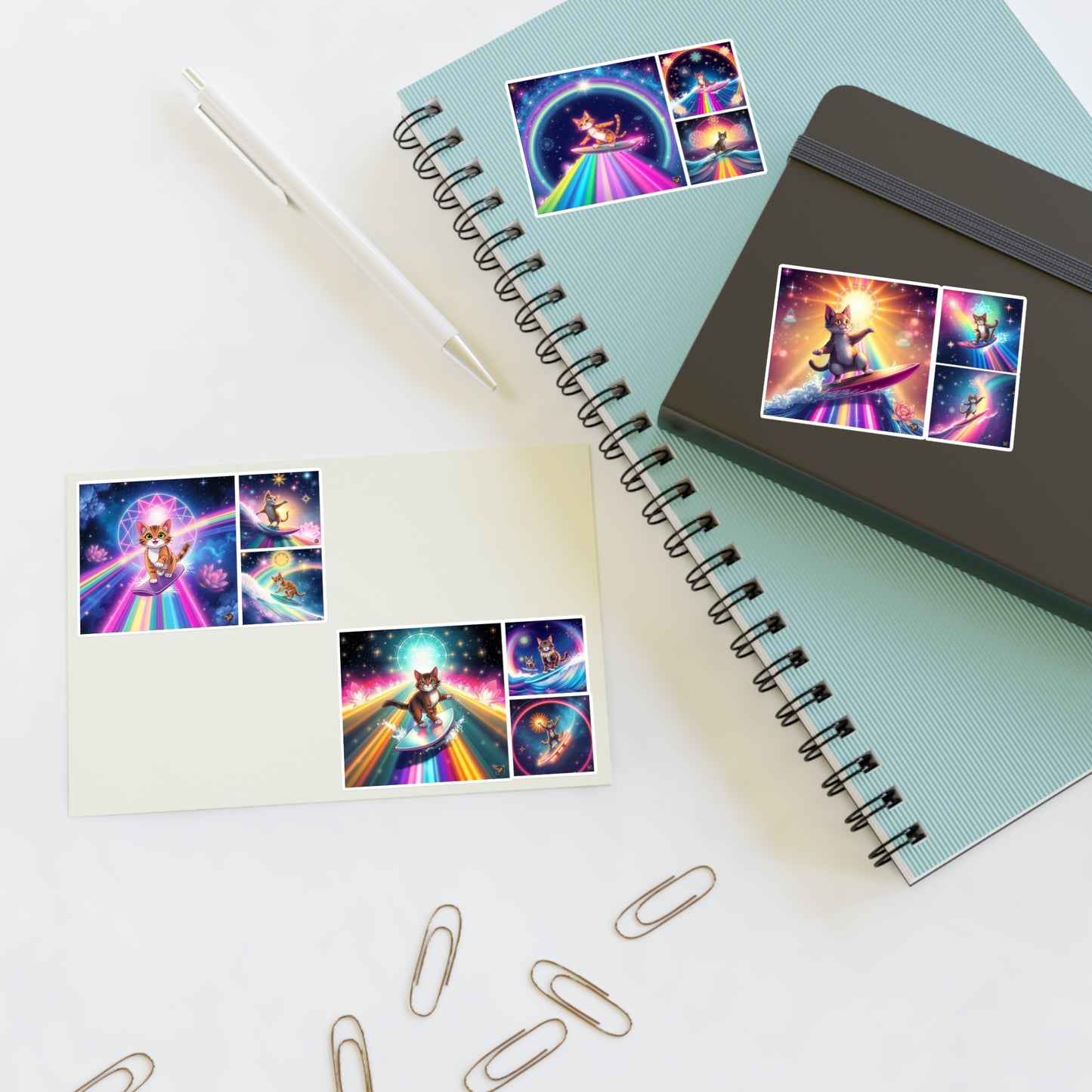 Cosmic Surfing Cat Sticker Sheets (6" x 4") — Rainbow Lotus Light Sacred Geomtry Galaxy Cat Decals by Divine Arts