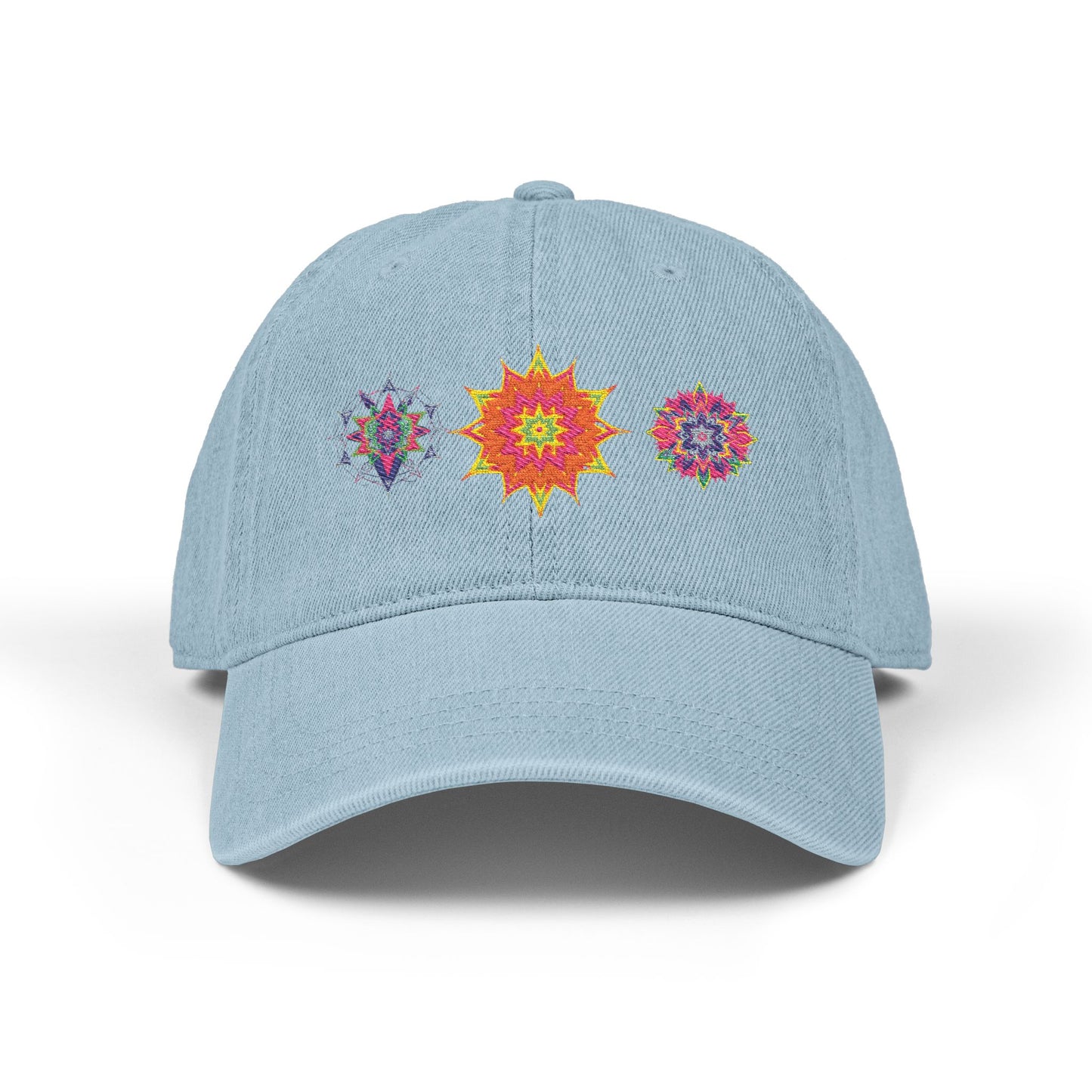 Denim Cap (Embroidery), 100% Cotton, Three Unique Embroidery Merkabas, Neon Galaxy Starry Light, Lotus Jewel Design by Divine Arts
