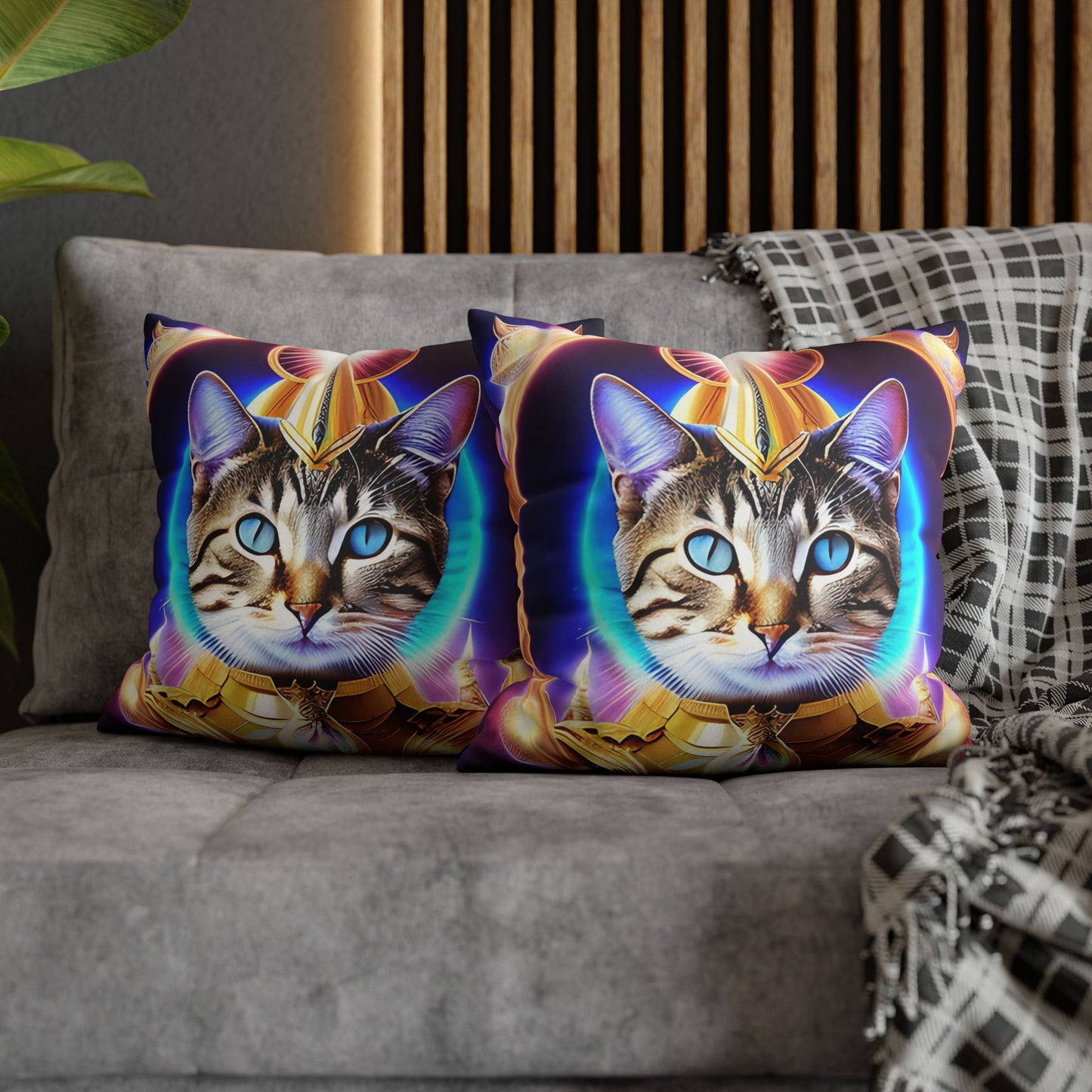 Divine Arts Faux Suede Double-Sided Square Pillow Case - Fantasy Galaxy Space Cat Lover Female Brown Gray Tabby Cat with Blue Eyes in Ornate Golden Armor with Light Blue Maharaic Shied Aura as Realized Merkaba Master Pillow Cover in Four Sizes