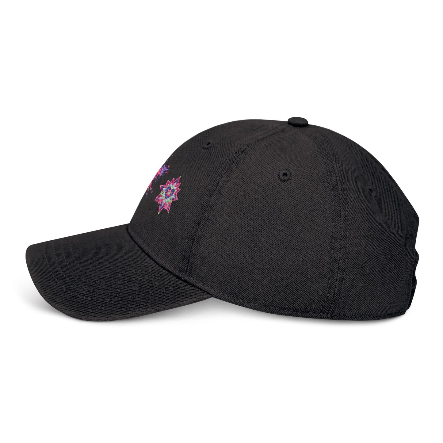 Denim Cap (Embroidery), 100% Cotton, Three Unique Embroidery Merkabas, Neon Galaxy Starry Light, Lotus Jewel Design by Divine Arts