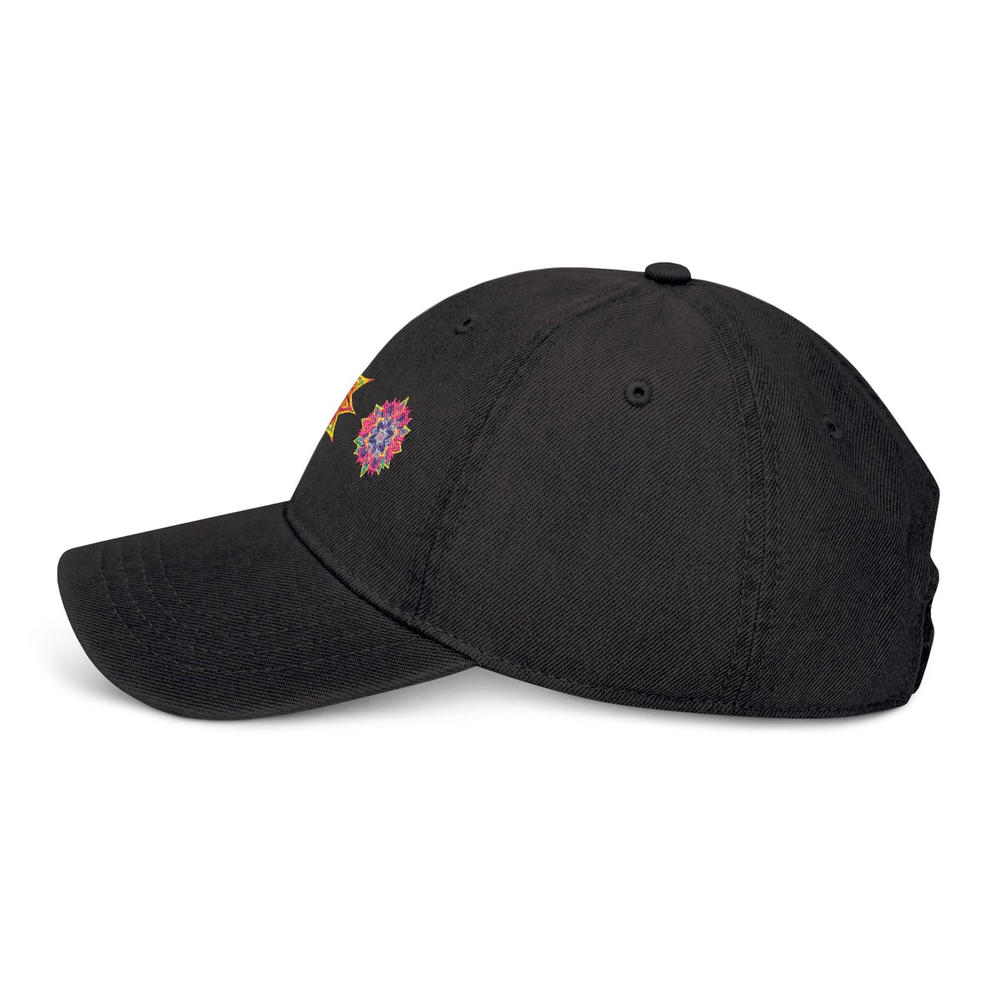 Denim Cap (Embroidery), 100% Cotton, Three Unique Embroidery Merkabas, Neon Galaxy Starry Light, Lotus Jewel Design by Divine Arts