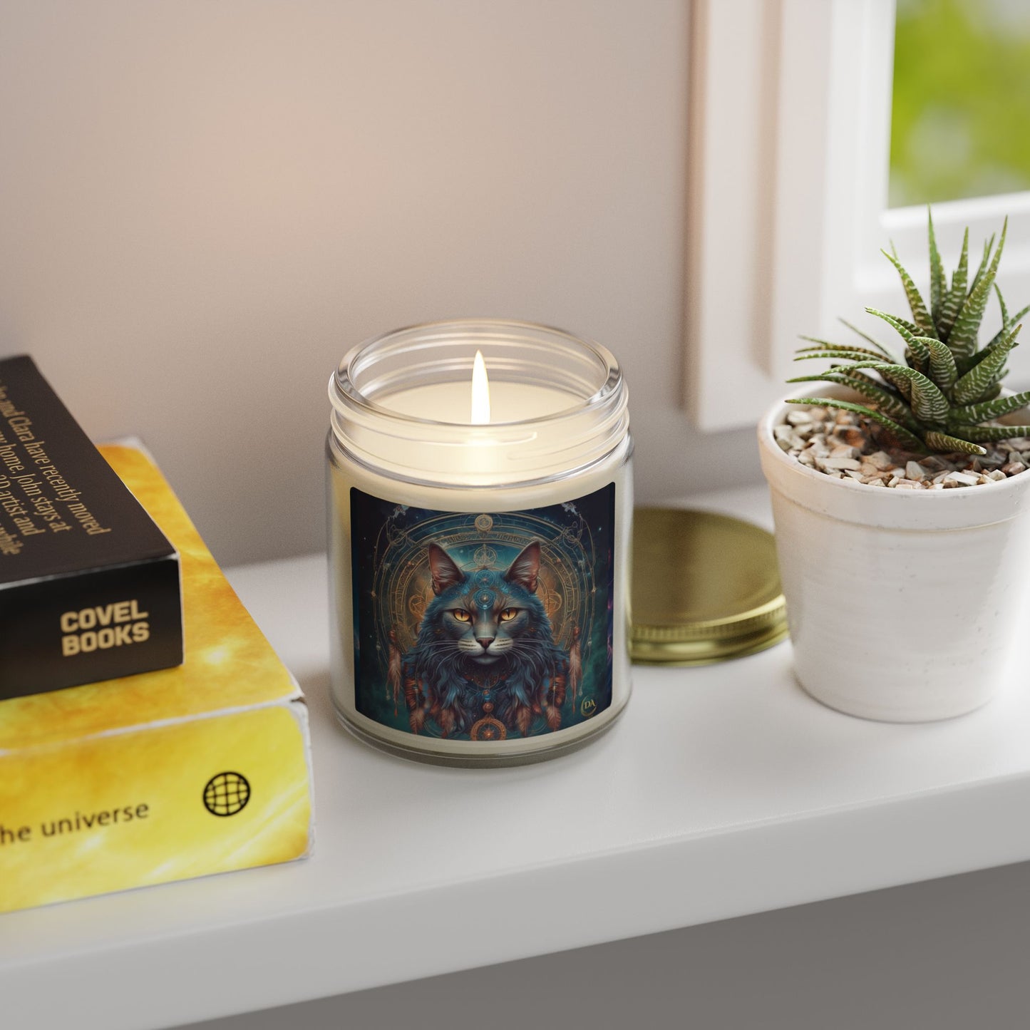 Premium Coconut Apricot Wax Scented Candles, Various Floral & Spice Fragrances (4oz), Spiritual Christmas Holiday Cat Lover Pet Gift, Gray Cat Galaxy Space Fantasy Tribal Art, by Divine Arts