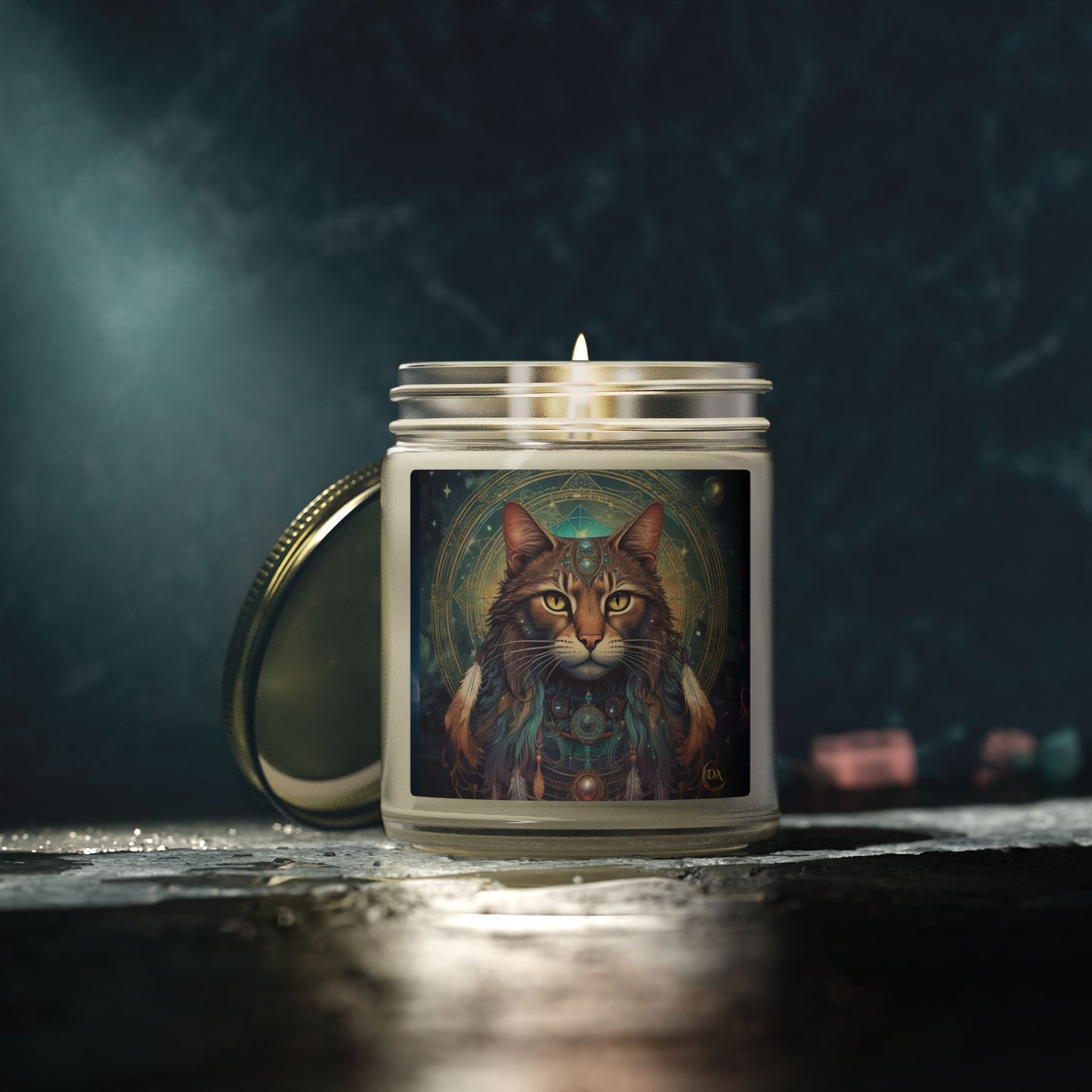 Premium Coconut Apricot Wax Scented Candles, Various Floral & Spice Fragrances (4oz), Spiritual Christmas Holiday Cat Lover Pet Gift, Brown Tabby Cat Galaxy Space Fantasy Tribal Art, by Divine Arts