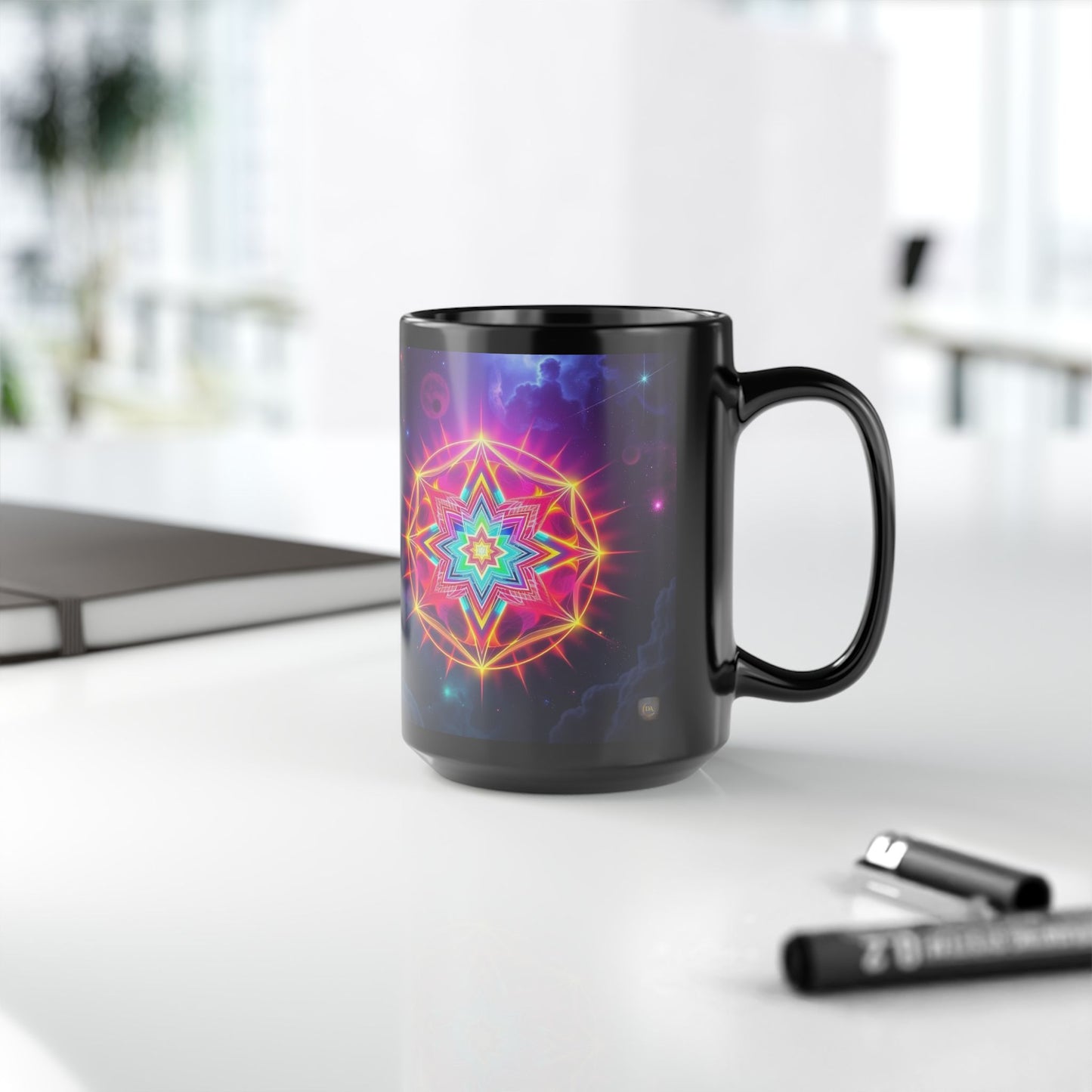 Black Ceramic Mug  15 oz — Neon Merkaba Cosmic Coffee Cup by Divine Arts