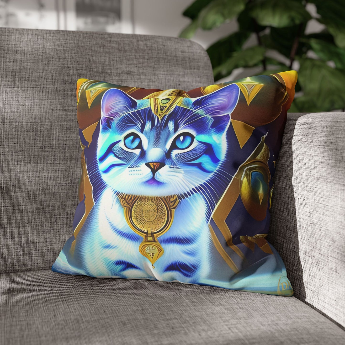 Divine Arts Faux Suede Double-Sided Square Pillow Case in Four Sizes - Fantasy Galaxy Space Cat Lover Male Gray and White Tabby Kitten with Blue Eyes in Golden Merkaba Chamber Wielding the Merkaba