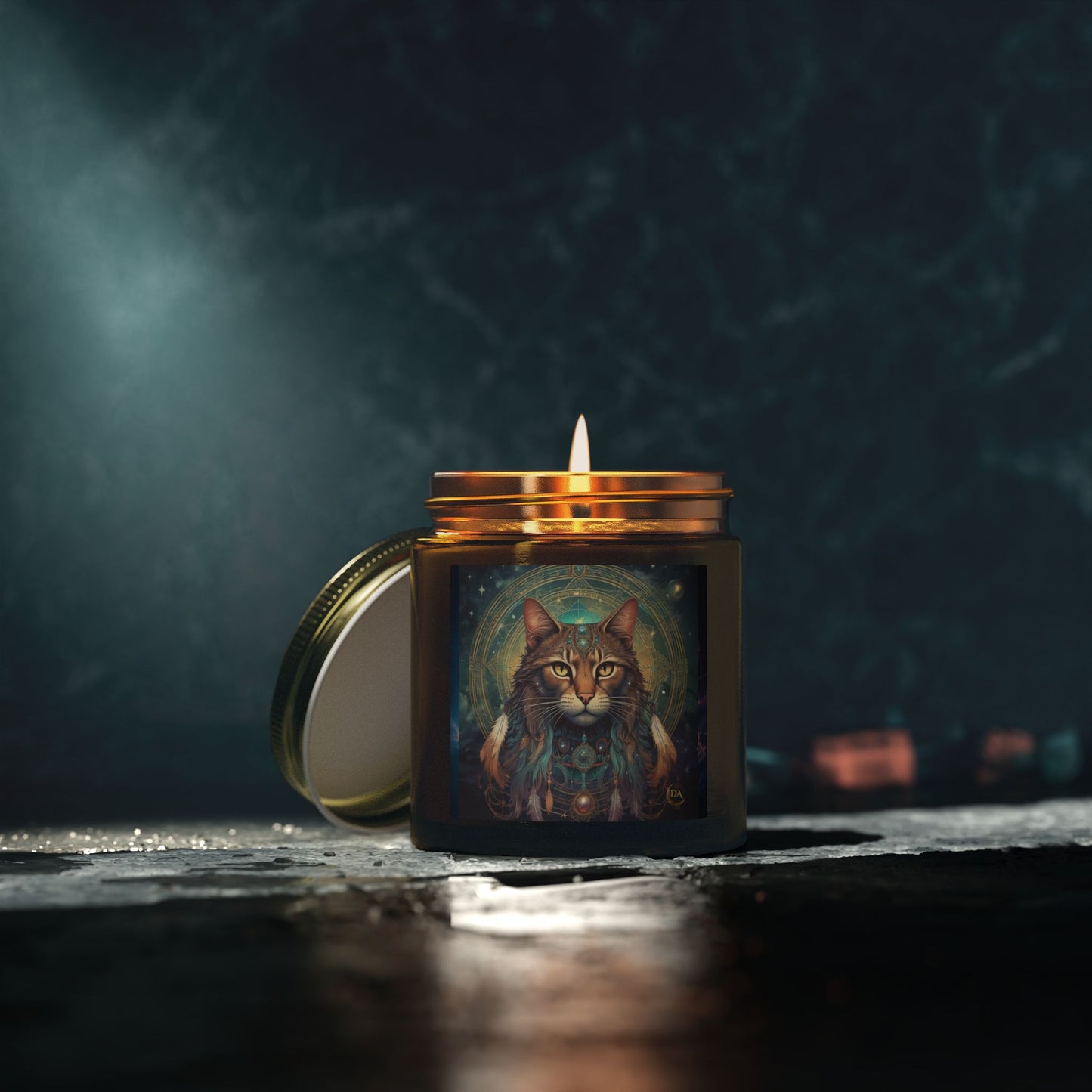 Premium Coconut Apricot Wax Scented Candles, Various Floral & Spice Fragrances (4oz), Spiritual Christmas Holiday Cat Lover Pet Gift, Brown Tabby Cat Galaxy Space Fantasy Tribal Art, by Divine Arts