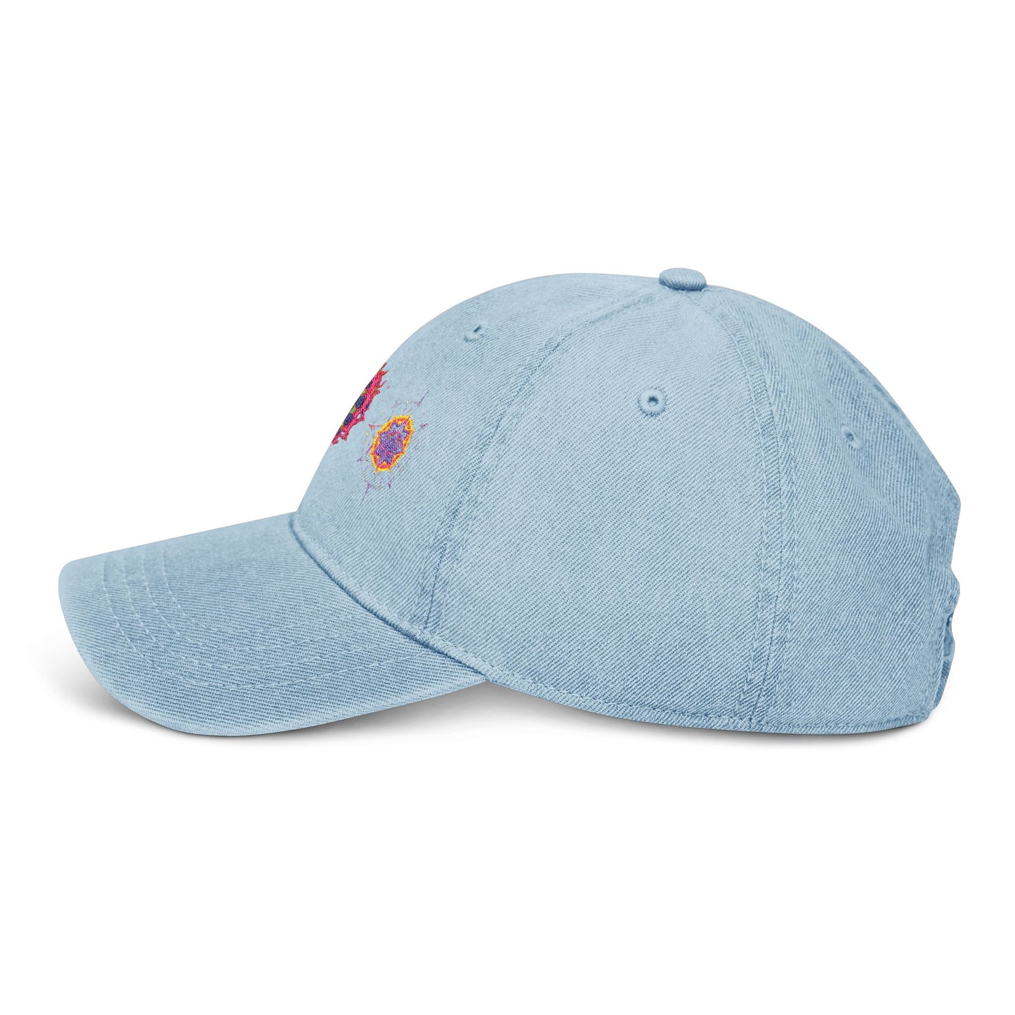 Denim Cap (Embroidery), 100% Cotton, Three Unique Embroidery Merkabas, Neon Galaxy Starry Light, Lotus Jewel Design by Divine Arts