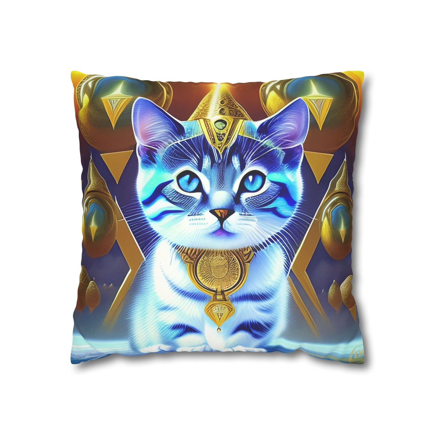 Divine Arts Faux Suede Double-Sided Square Pillow Case in Four Sizes - Fantasy Galaxy Space Cat Lover Male Gray and White Tabby Kitten with Blue Eyes in Golden Merkaba Chamber Wielding the Merkaba