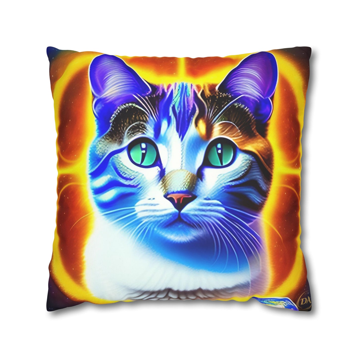 Divine Arts Faux Suede Double-Sided Square Pillow Case - Fantasy Galaxy Space Cat Lover Large Close Up View of the Face of a Female Brown Tabby Cat with Green Eyes With a Pulsing Yellow Orange Aura From Weilding the Merkaba Pillow Cover in Four Sizes
